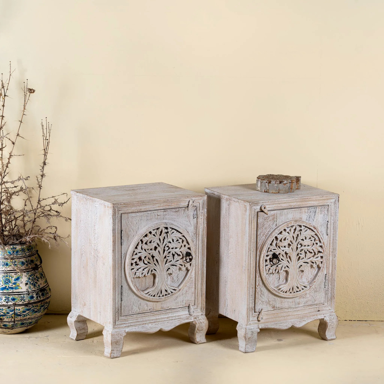 Artisan Handmade Bedside Table Solid Wood Hand Carved 19.7 × 15.7 × 27.6 inches