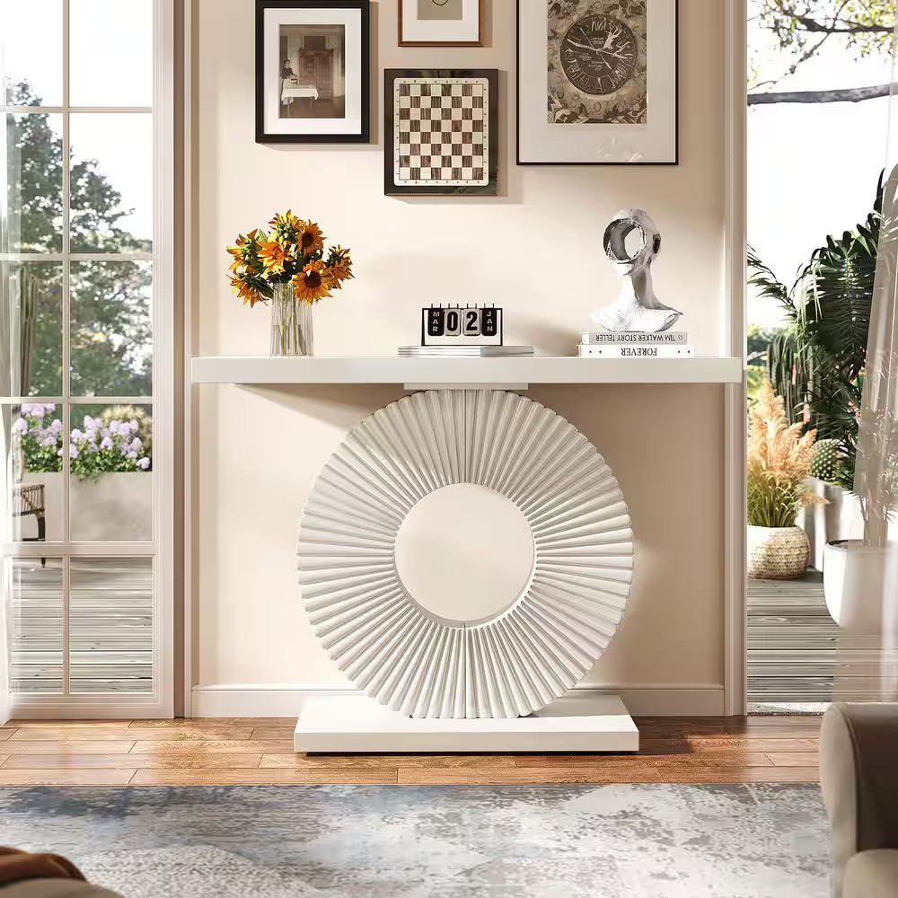 Turrella 39 In. White Rectangle Engineered Wood Console Table with O Shaped Base