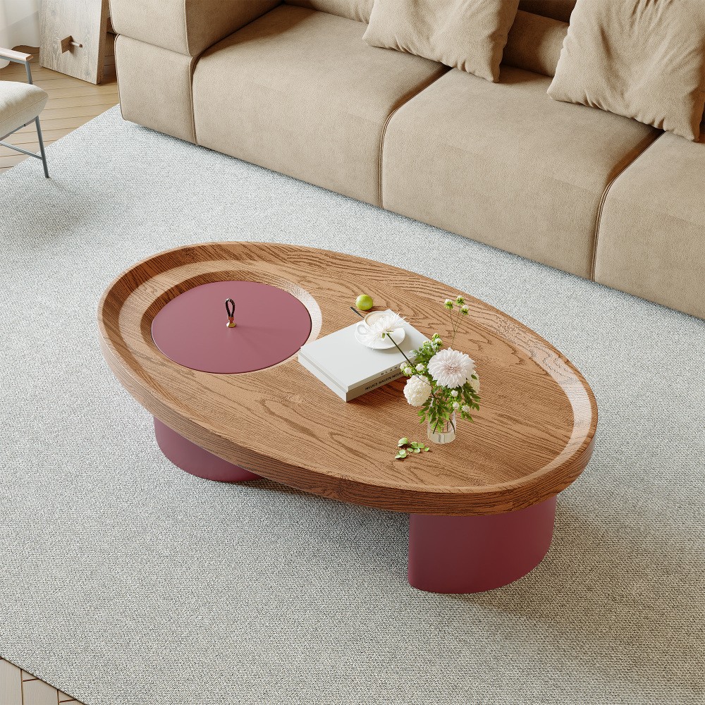 45.3″ Oval Wood Coffee Table, Walnut Top Red Legs with Storage, Mid-Century