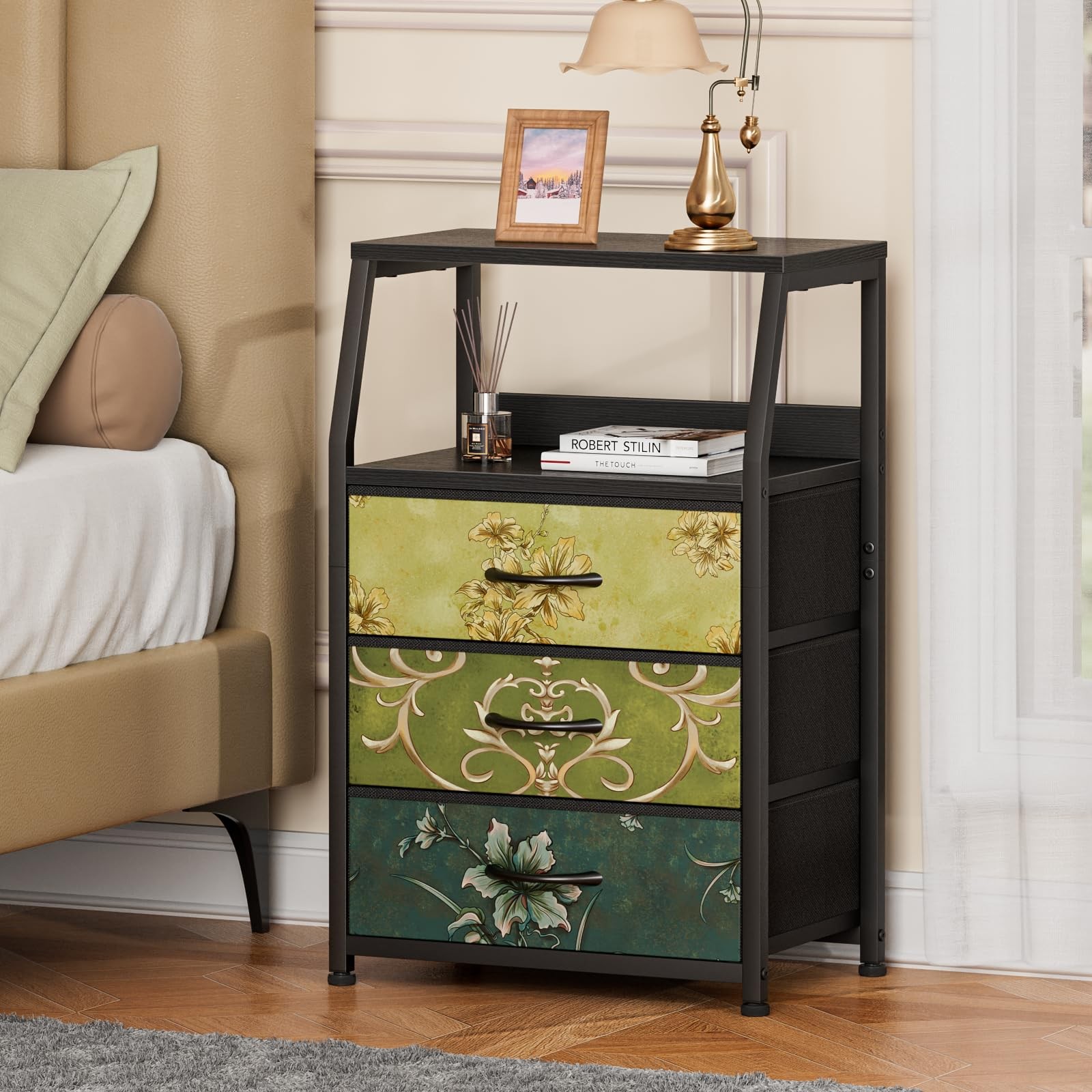 Furnulem Retro Night 11.5″D x 16.1″W x 28.3″H (3 Drawers), Vintage Floral