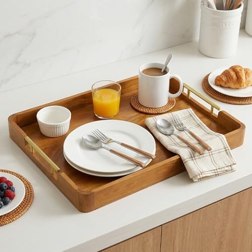 Solid Teak Wood Serving Tray with Handles, 17″x13″x2″ 17″ x 13″ x 2″