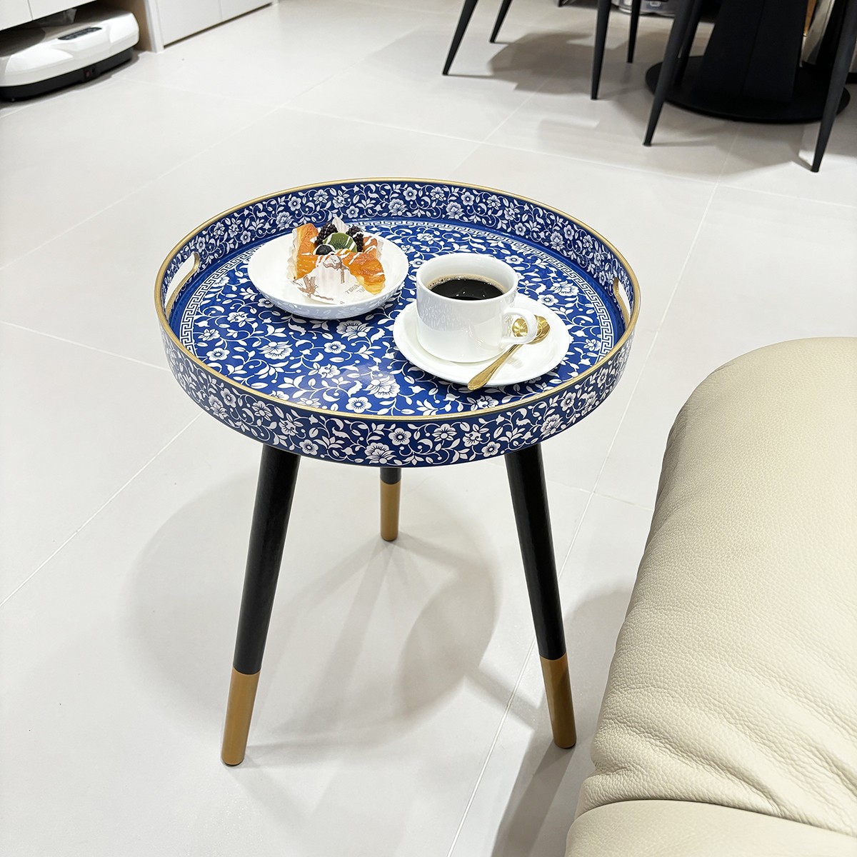 Blue Floral Round Tray Side Table w/ Gold Accents – New