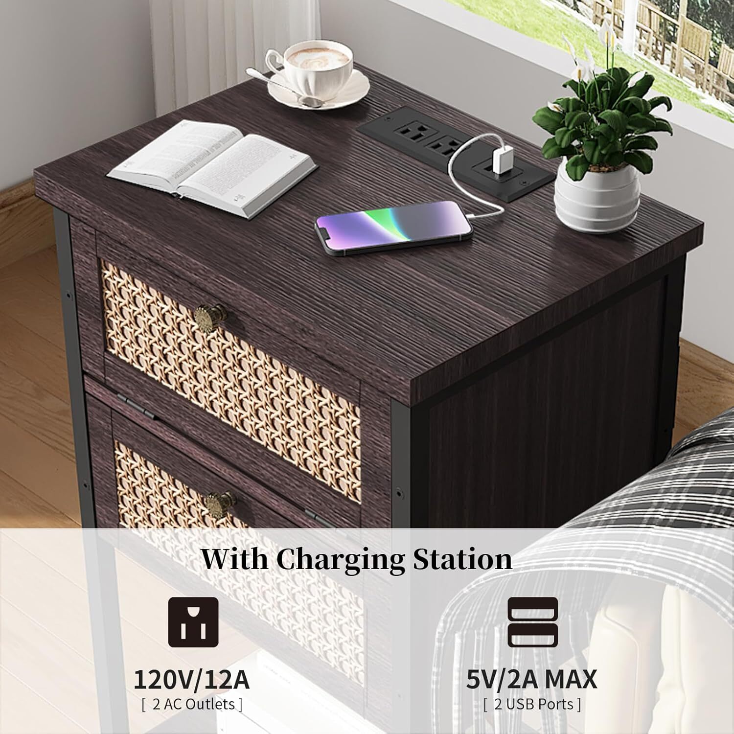 End Table with Charging Station, 2 Tier Rattan Decorated Cherry Red
