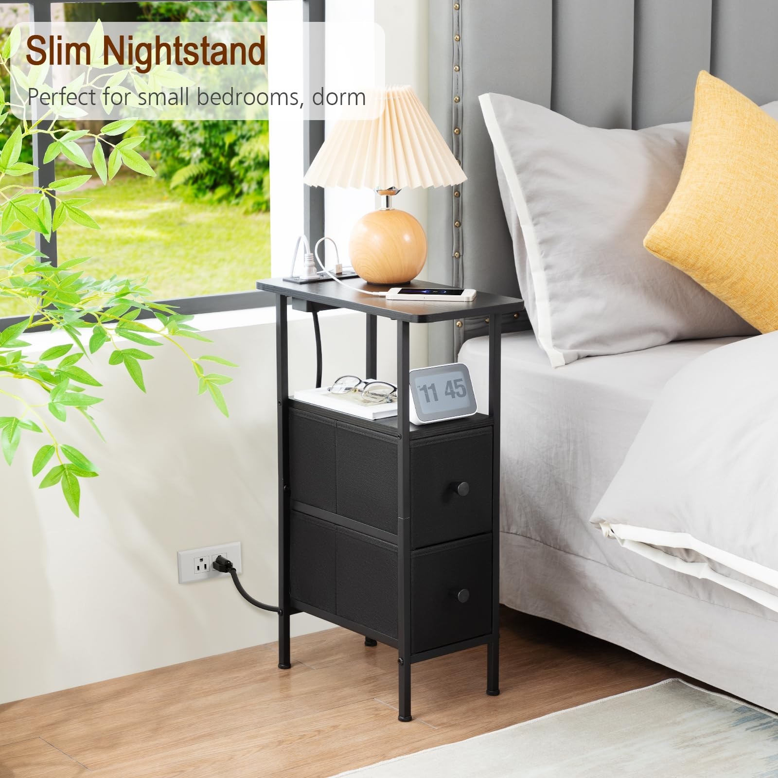 Slim Narrow End Table with Charging Station, Fabric Drawers, Small Space Nightst
