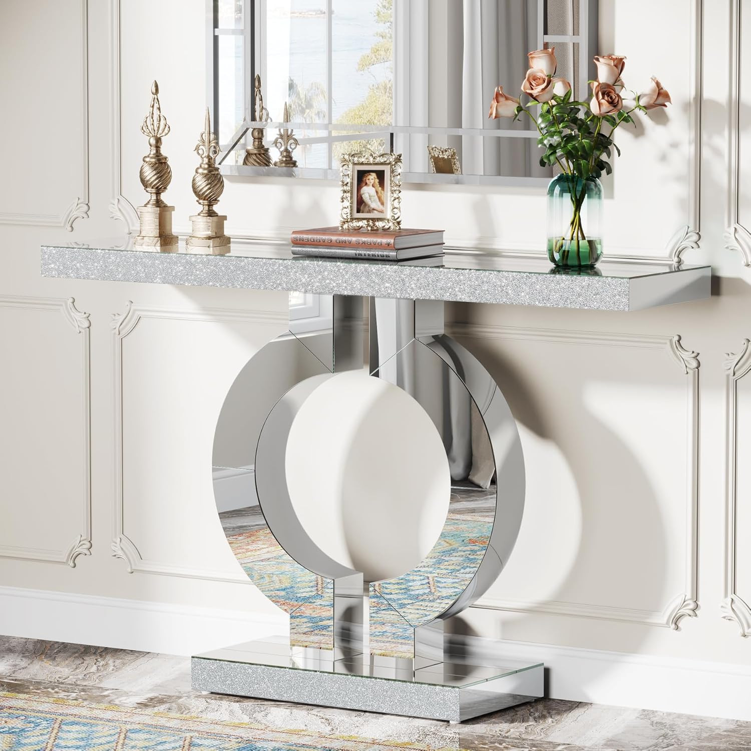 Modern Mirrored Console Table with O-Shaped Base for Living Room Entryway