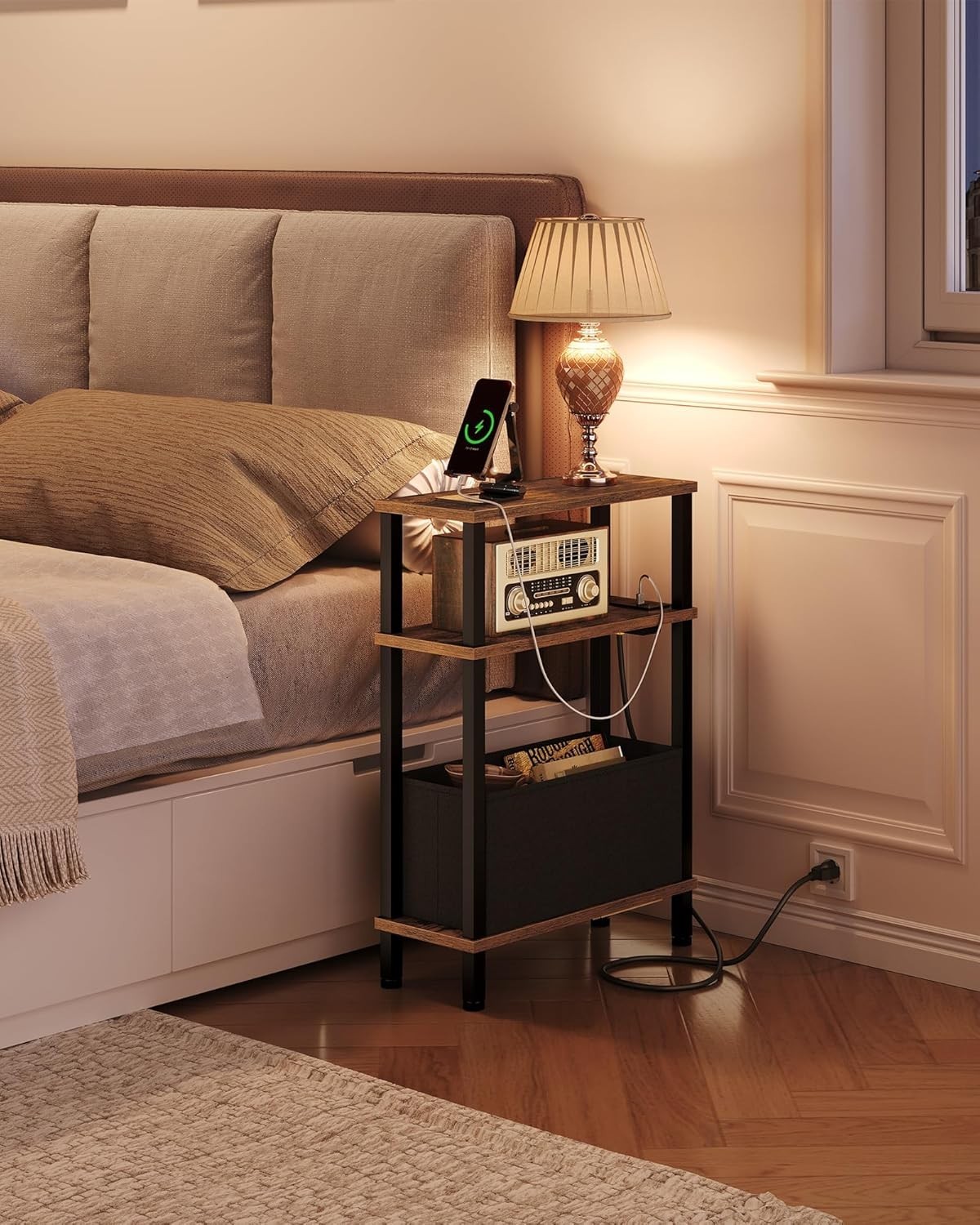 CHOEZON Small Narrow Side Table with Charging Station, Skinny End Table with …