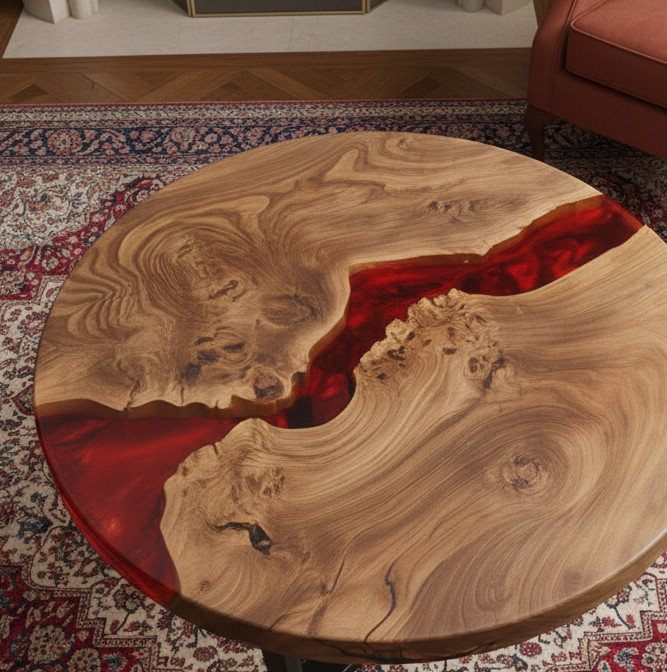 12″ Red Resin River Table Round Live Edge Wood Coffee Table Lava Flow Epoxy Art