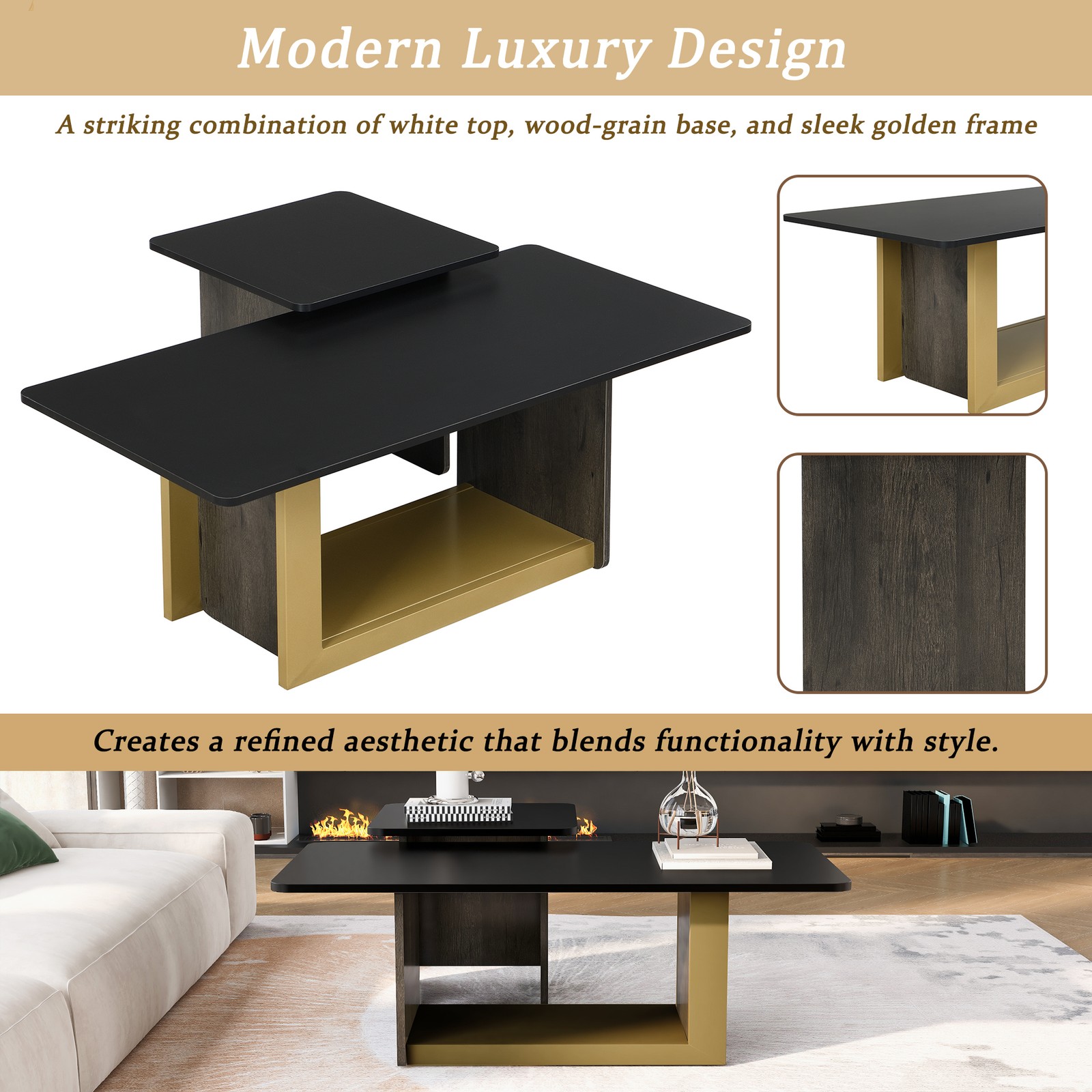 Modern Light Luxury Coffee Table Set of 2, Square MDF & Metal, Black