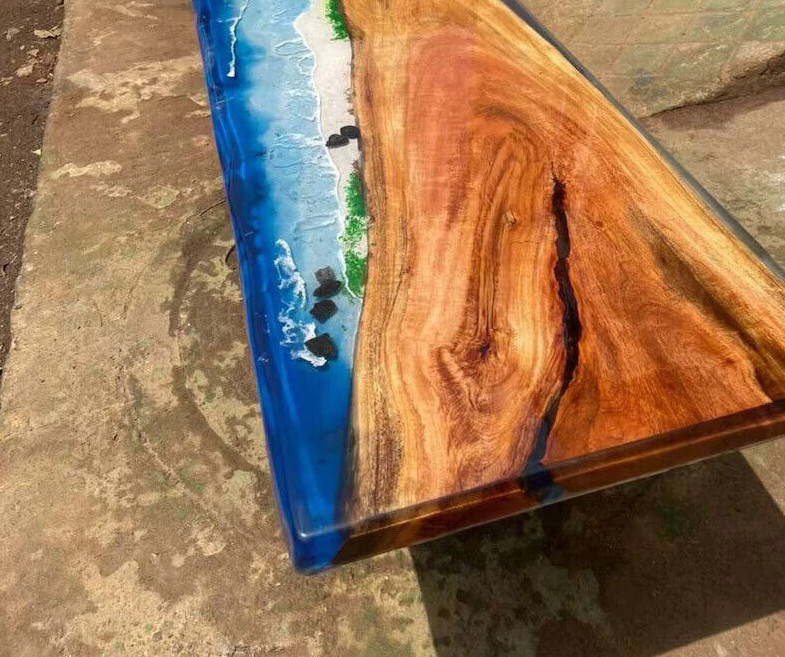 “Blue Ocean River Epoxy Resin Dining Table – Live Edge Beach Luxury Furniture”