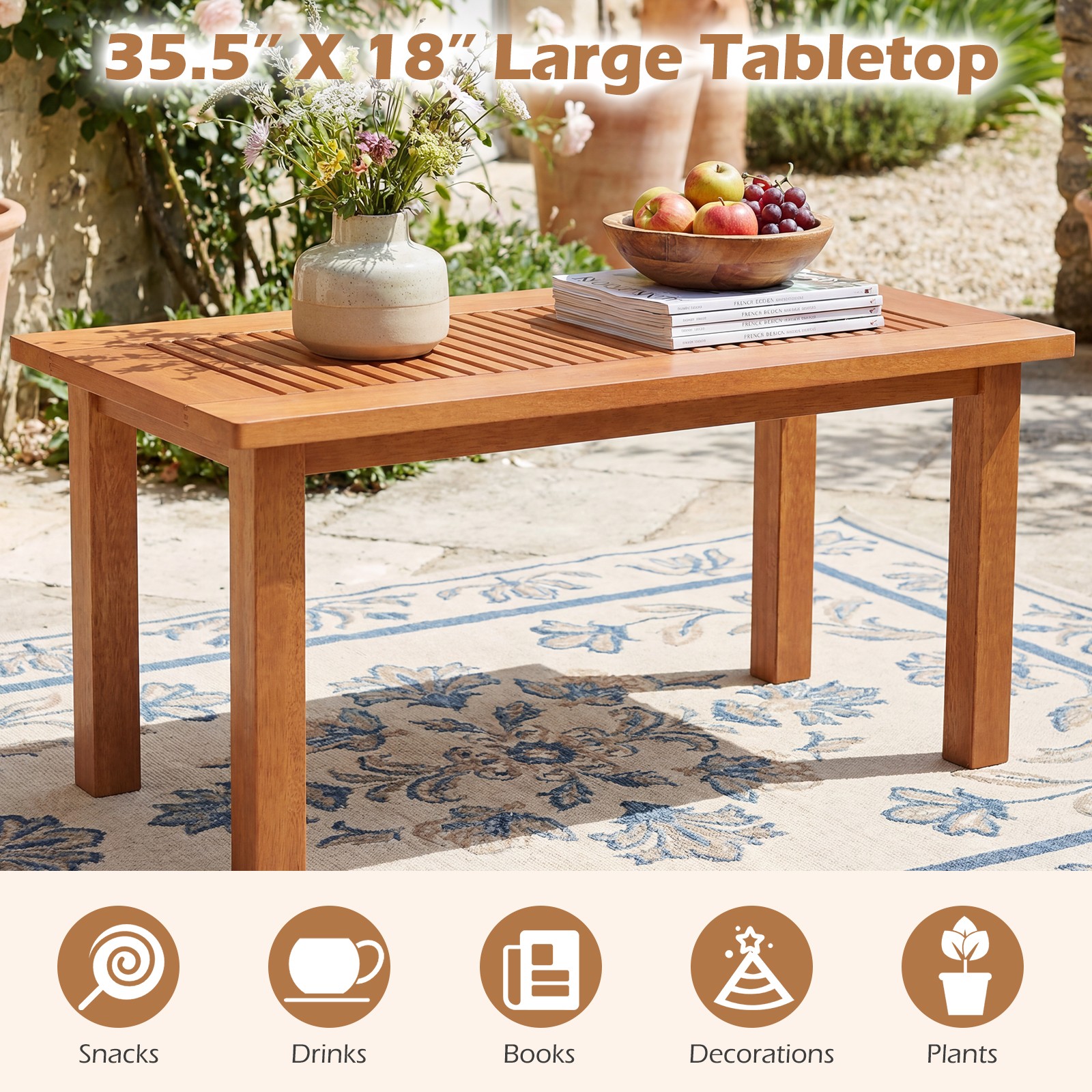 35.5 Inch Outdoor Coffee Table w/Slatted Top, Teak Oil Finish for Deck, Garden