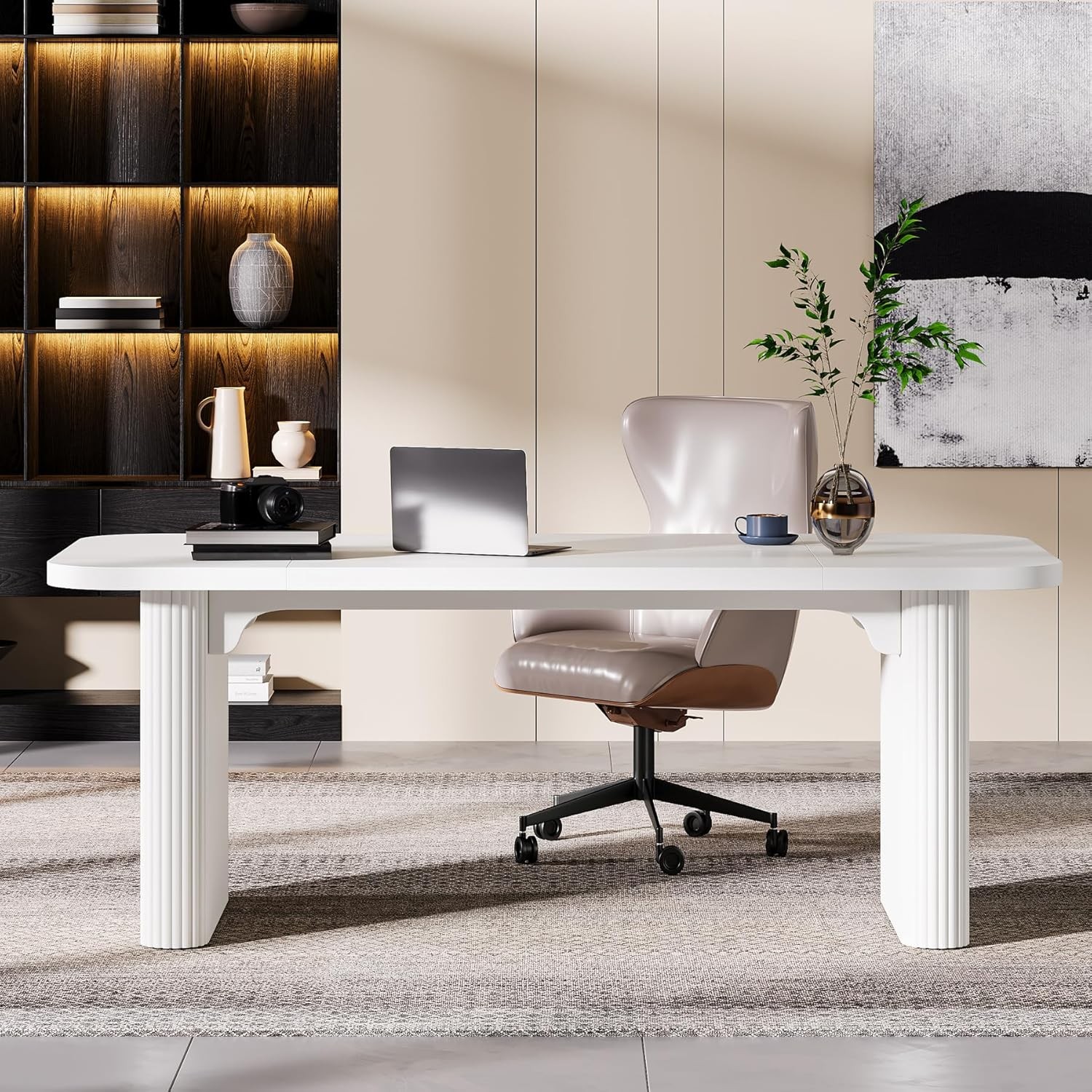 62-Inch Modern Executive Desk, Wood Office Desk, Large Aesthetic Computer Desk