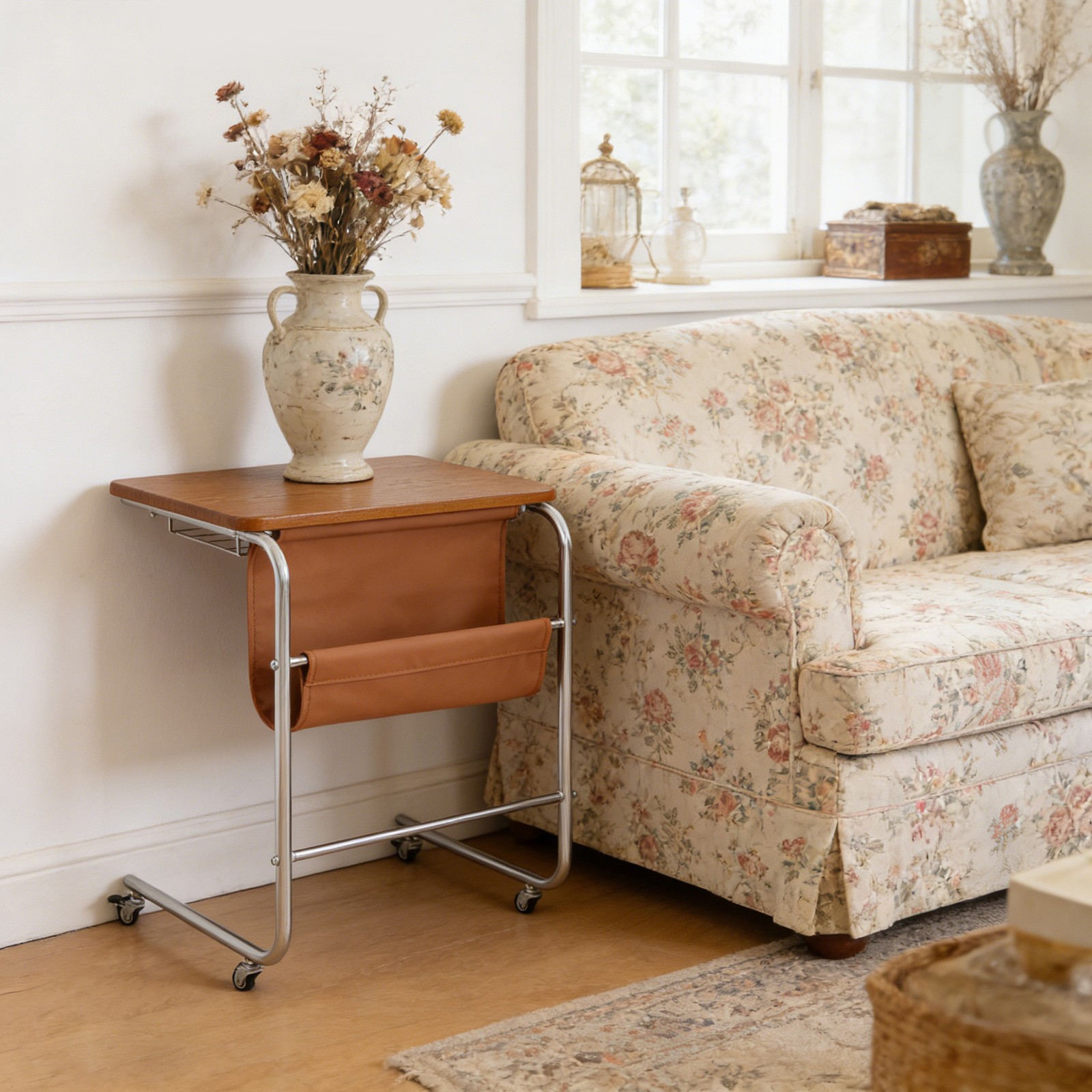 Sofa Side Table,C-Shaped End Table with Universal Wheels,End Table living room