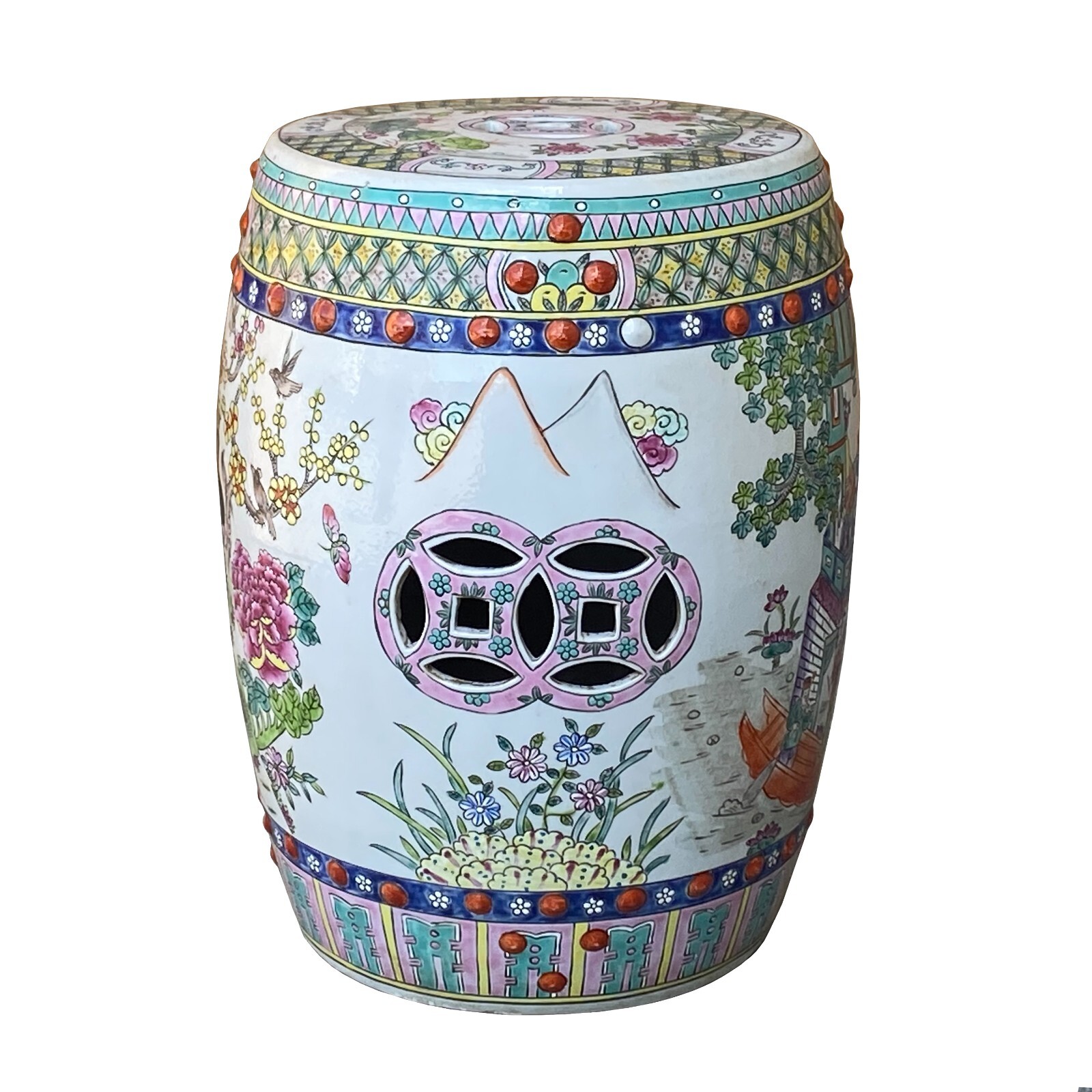Vintage Oriental Famille Rose Mixed Color Porcelain Round Stool Ottoman cs7386
