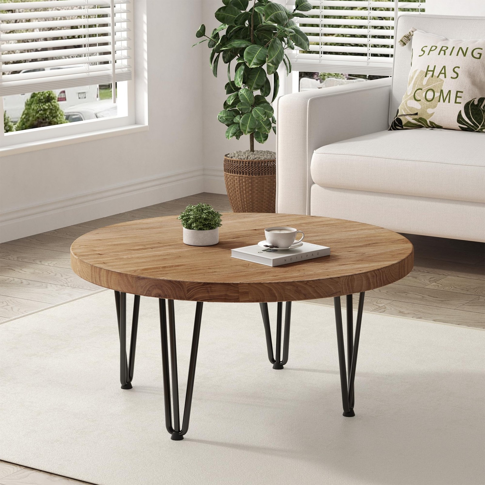 Rustic Wood Round Coffee Table with Metal Legs, Solid Elm Wood Top and Non-Sl…