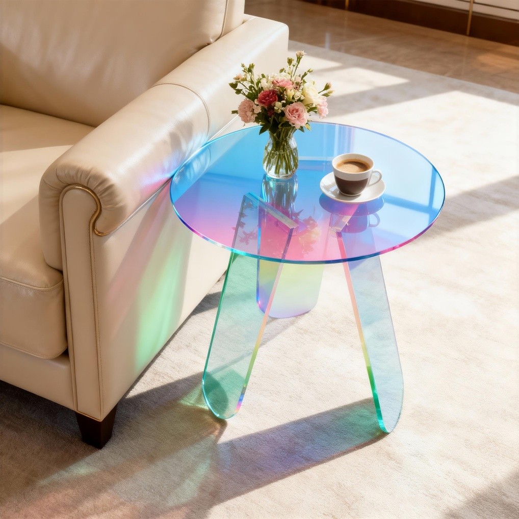 Acrylic End Table with PVC Table Cover Round Iridescent Rainbow Sofa Side Table
