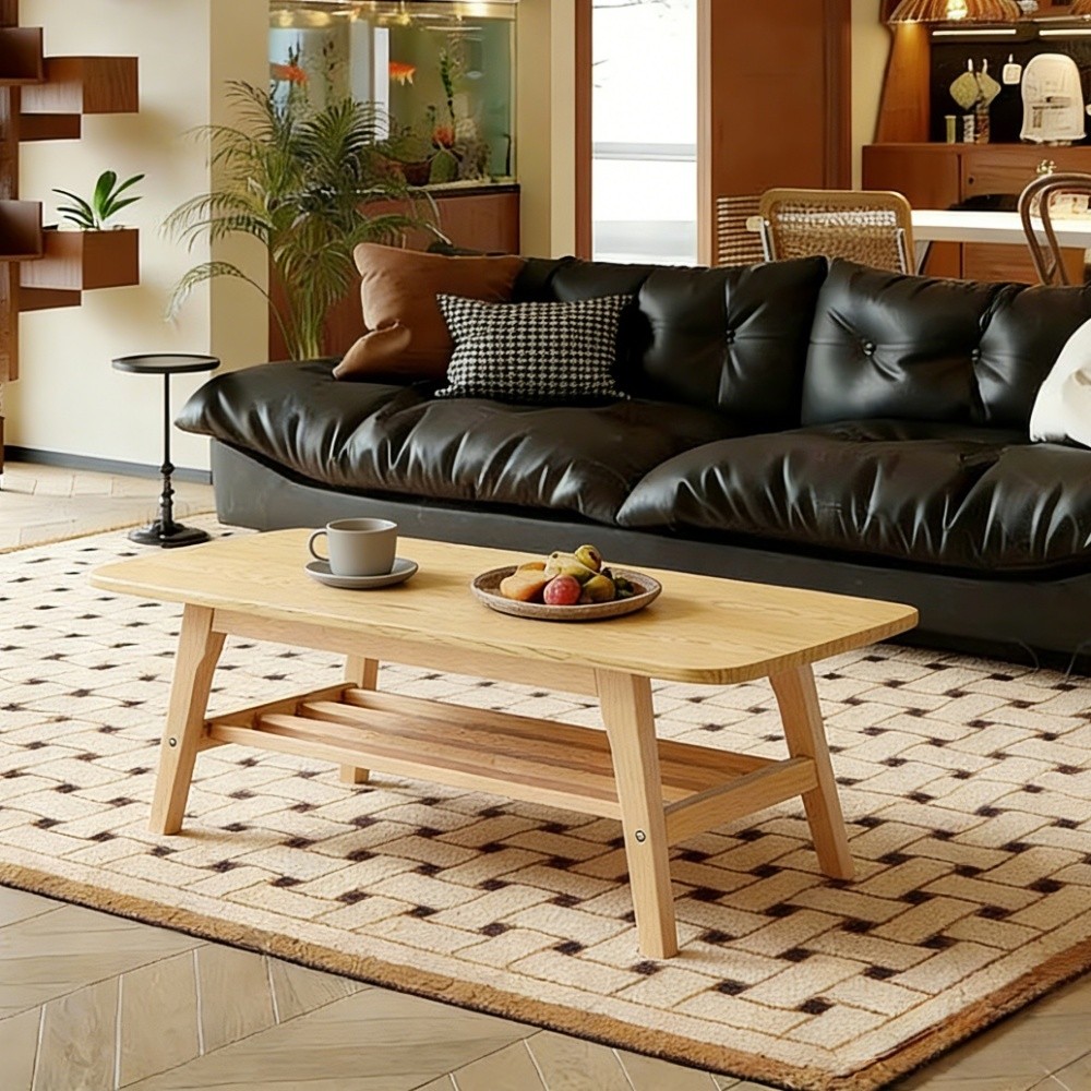 39 in solid wood coffee table – double-layer storage wooden center coffee table