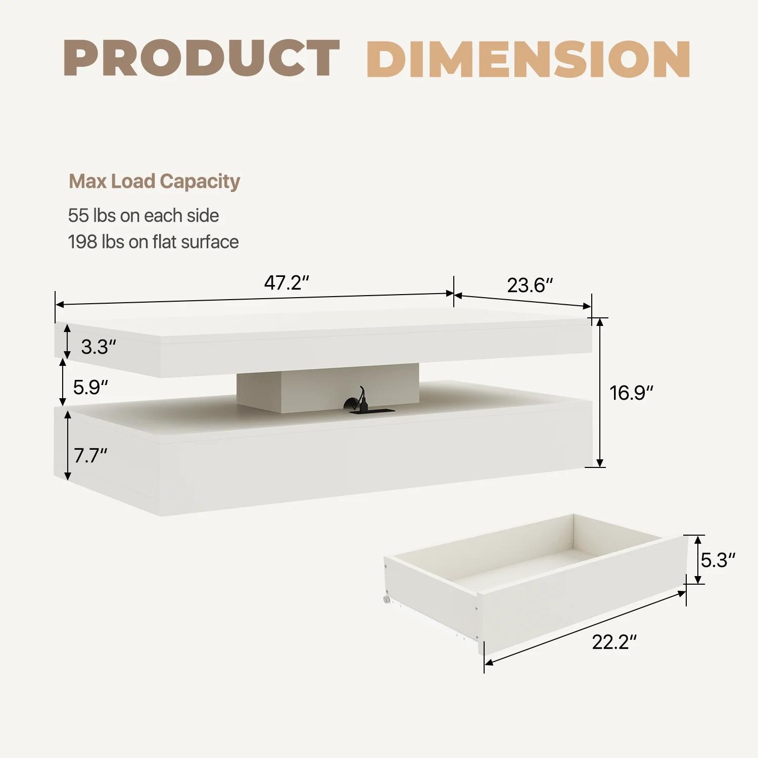 Modern 47″ LED Glossy White Coffee Table W/ 2 Drawers USB AC & Type-C Stations