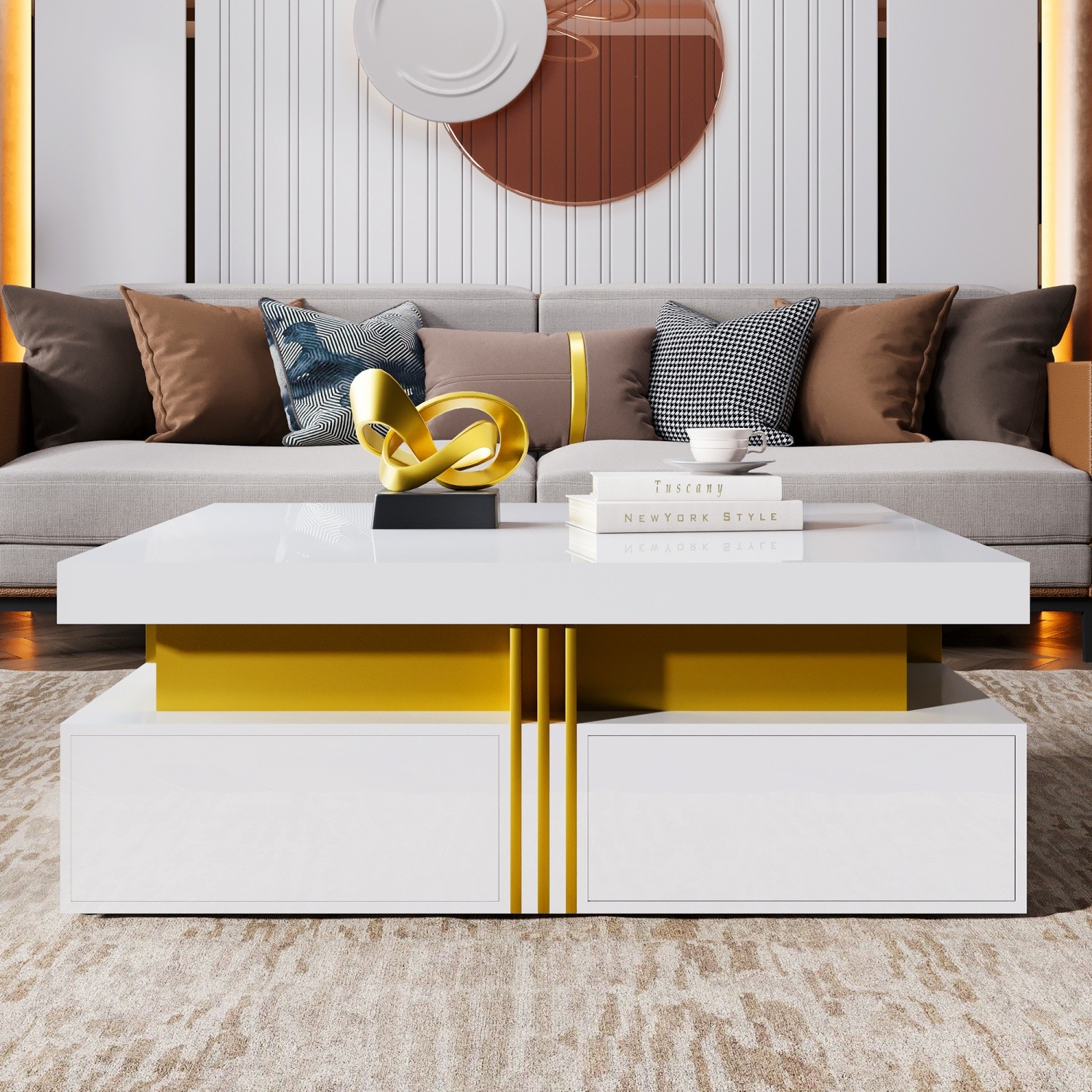 Modern Glossy Square Coffee Table End Table w/ 4 Storage Drawers for Living Room