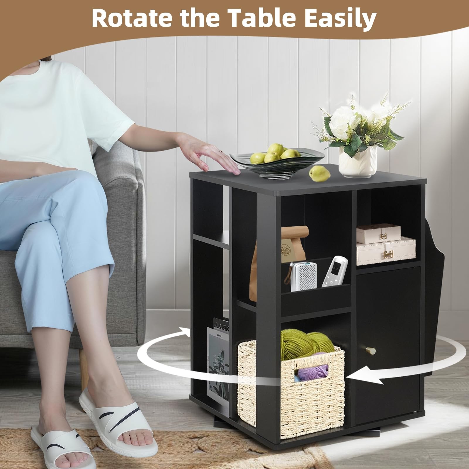 Rotating End Table with Storage Square Rotating Side Table Living Room Side Ta