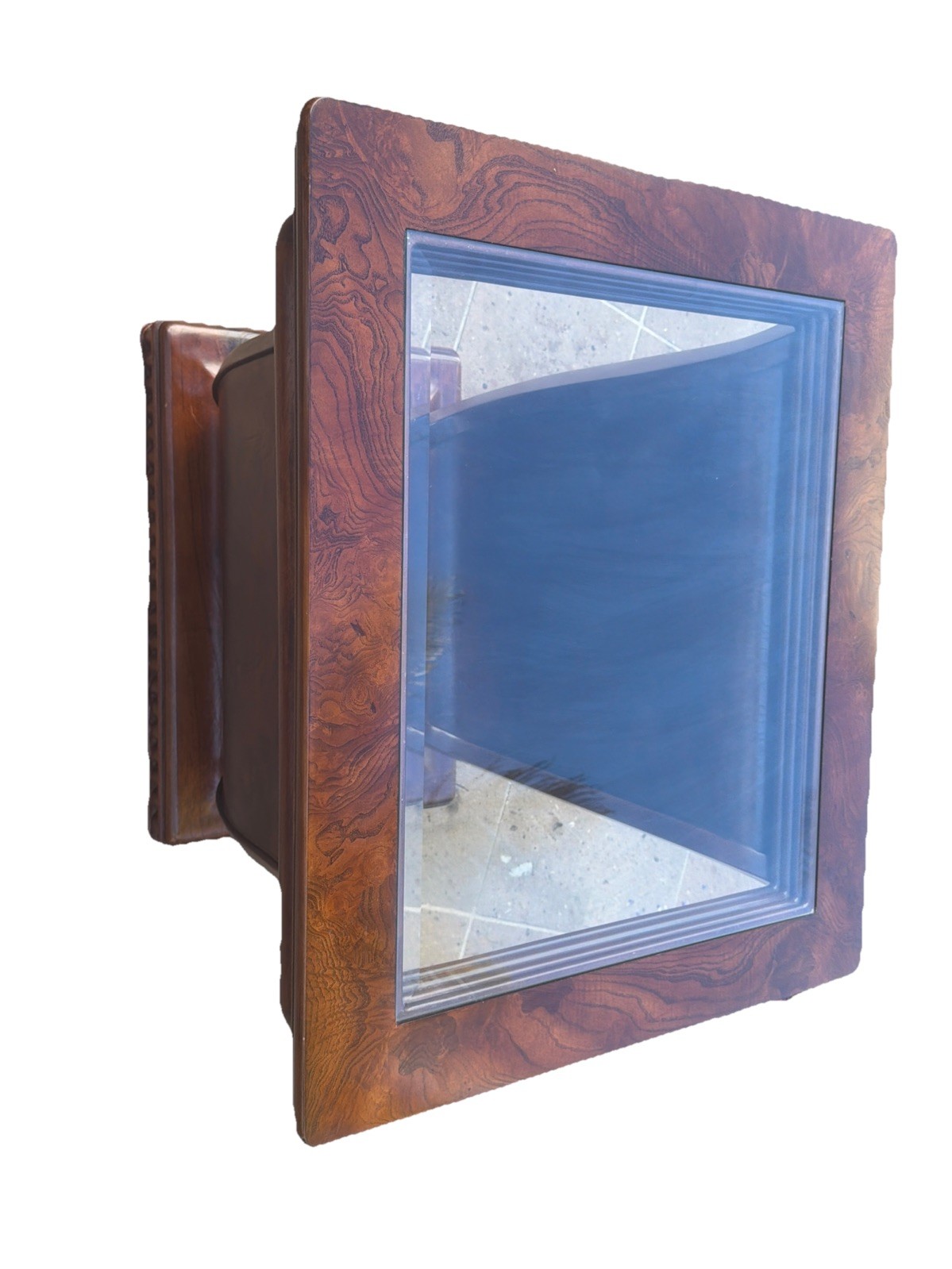 1 LARGE TULIP SHAPED GLASS TOP ELM WOOD SIDE END TABLE WITH HIDDEN BASE STORAGE
