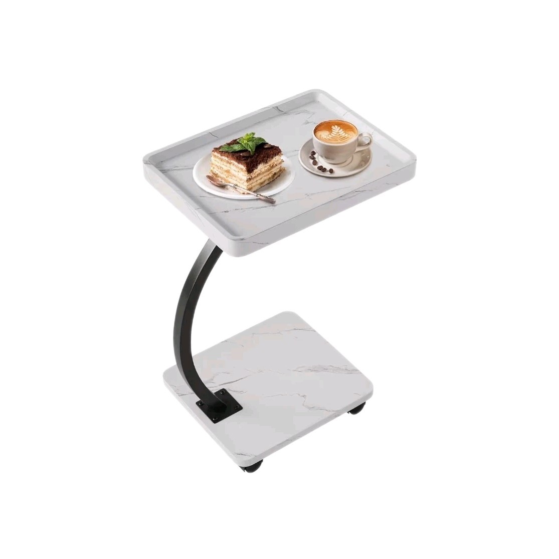C-Shaped Side Table with Wheels Wooden 360° Rotating TV Tray End Table/Side