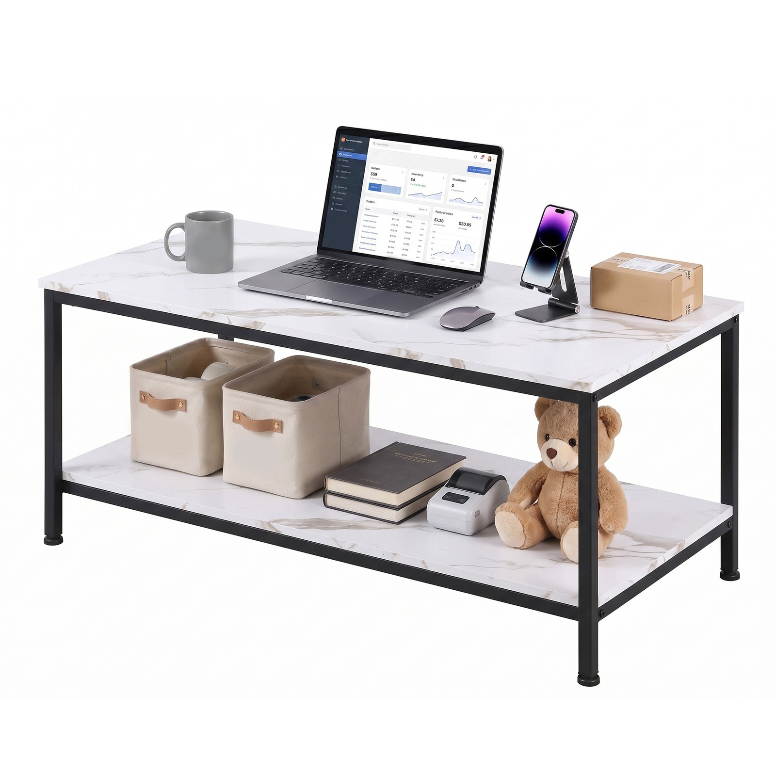 39″ Rectangular Coffee Table Industrial Wood Center Table w/ Storage Shelf White