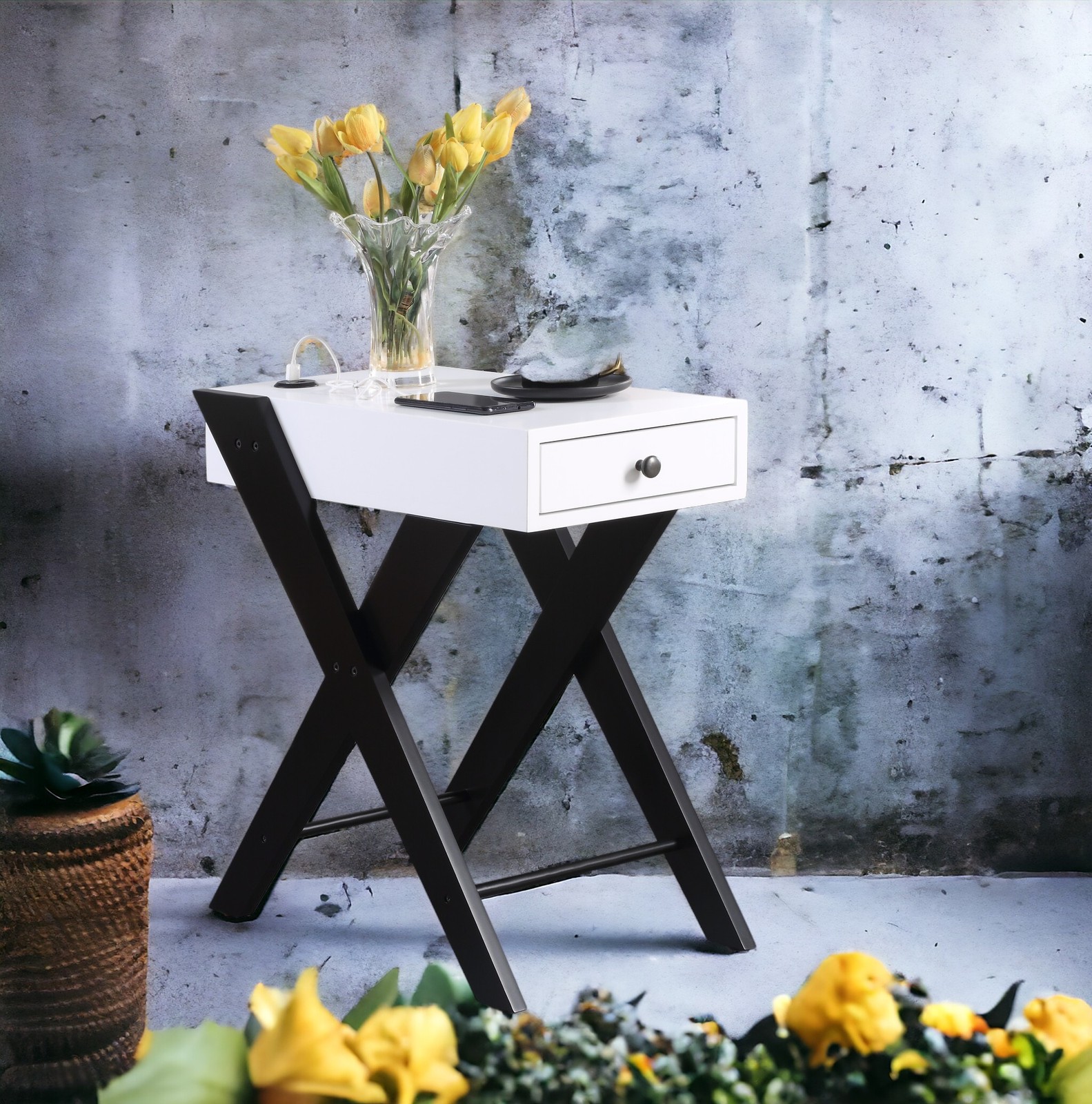 White & Black Accent Table with USB Port & Drawer, 24″H