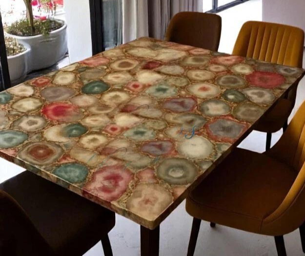 Mixed Color Agate Coffee Table – Natural Gemstone Top, Luxury Crystal Accent art