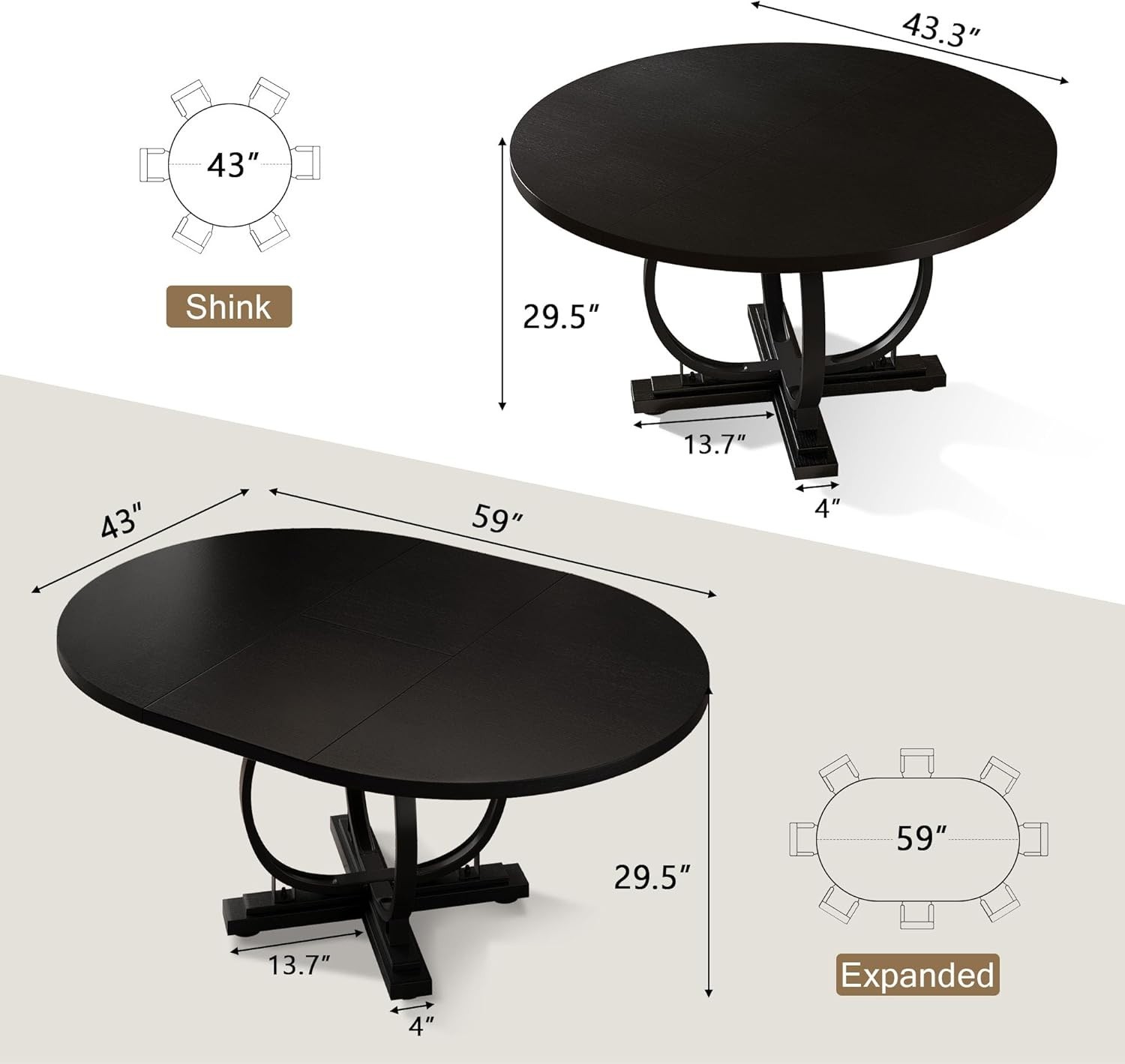 Modern 59″ Round Extendable Dining Table for 4-6 with Space Saving Design