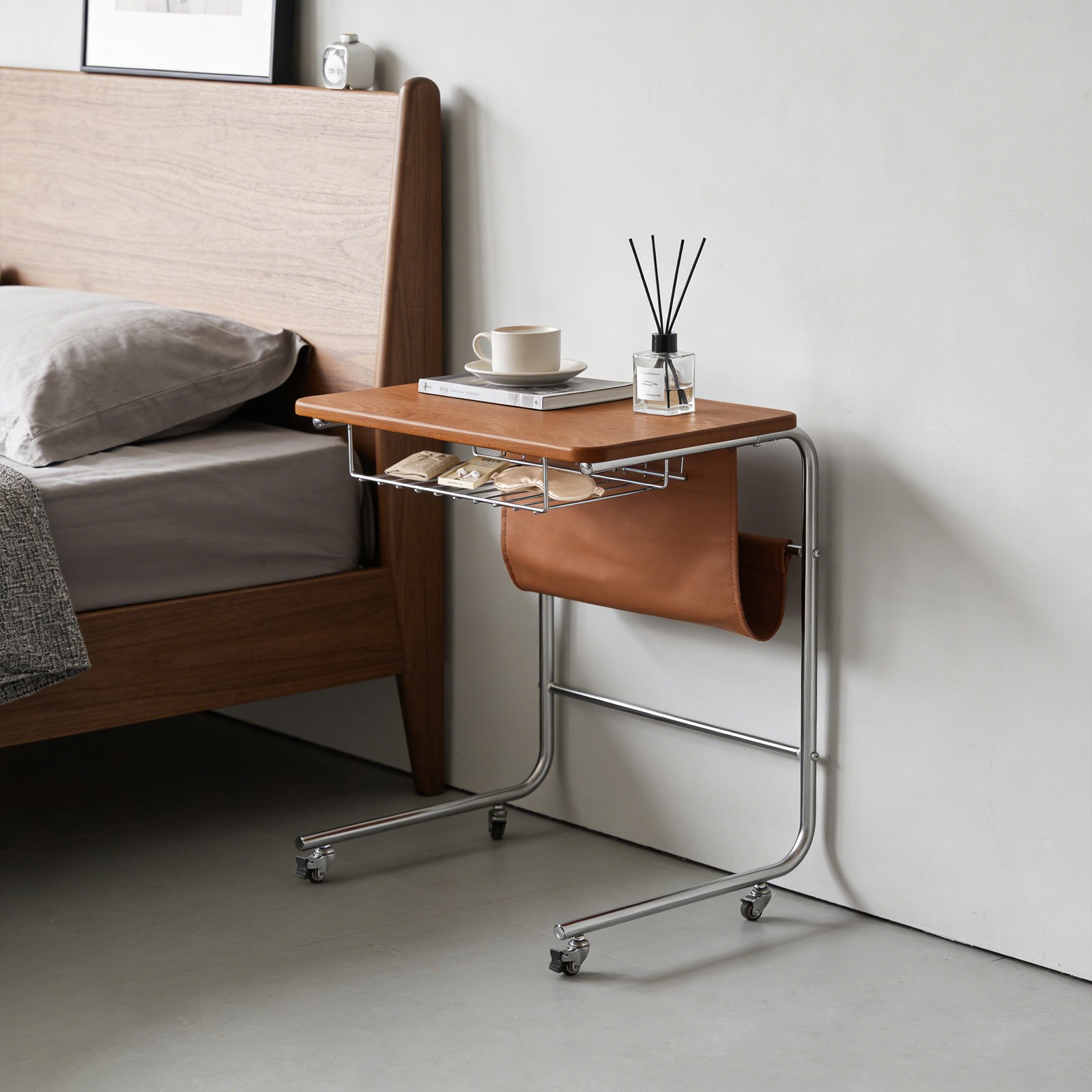 Sofa Side Table,C-Shaped End Table with Universal Wheels,End Table living room