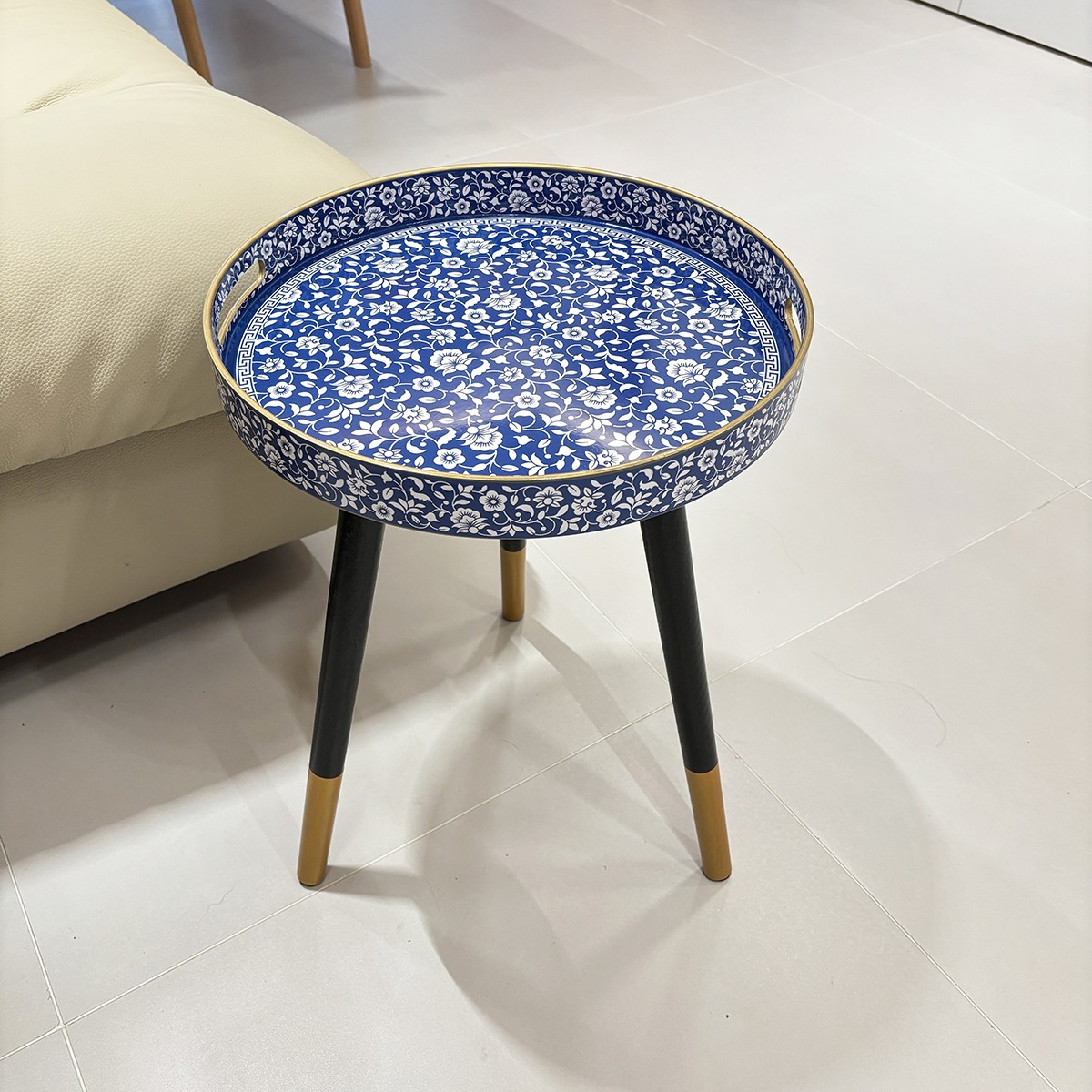 Blue Floral Round Tray Side Table w/ Gold Accents – New