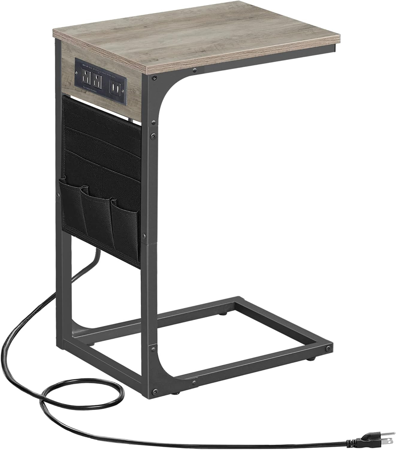C Shaped End Table with Charging Station, Side Table for Sofa, Couch Table with