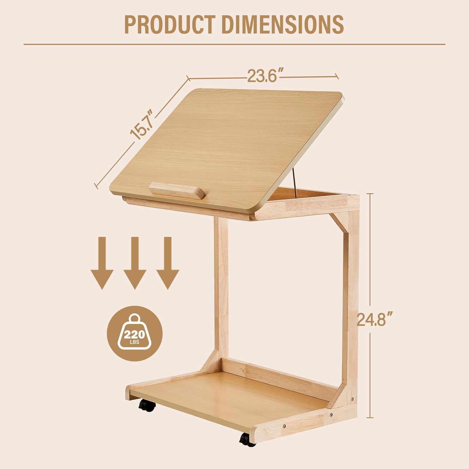 Rolling C Shaped End Table with Wheels – Multi-Purpose Solid Wood Tray Table