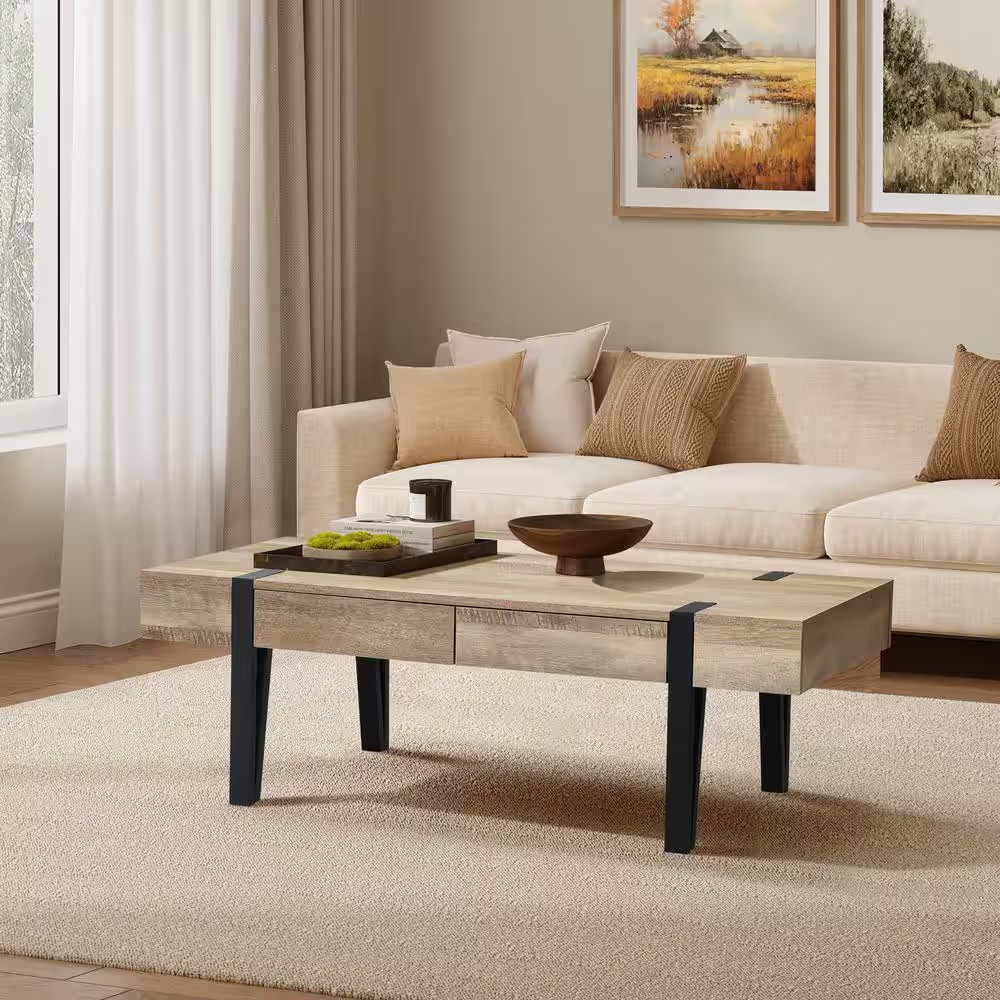 21.69 In. Black Oak Finish Rectangle MDF Coffee Table with Drawers and Metal Fra