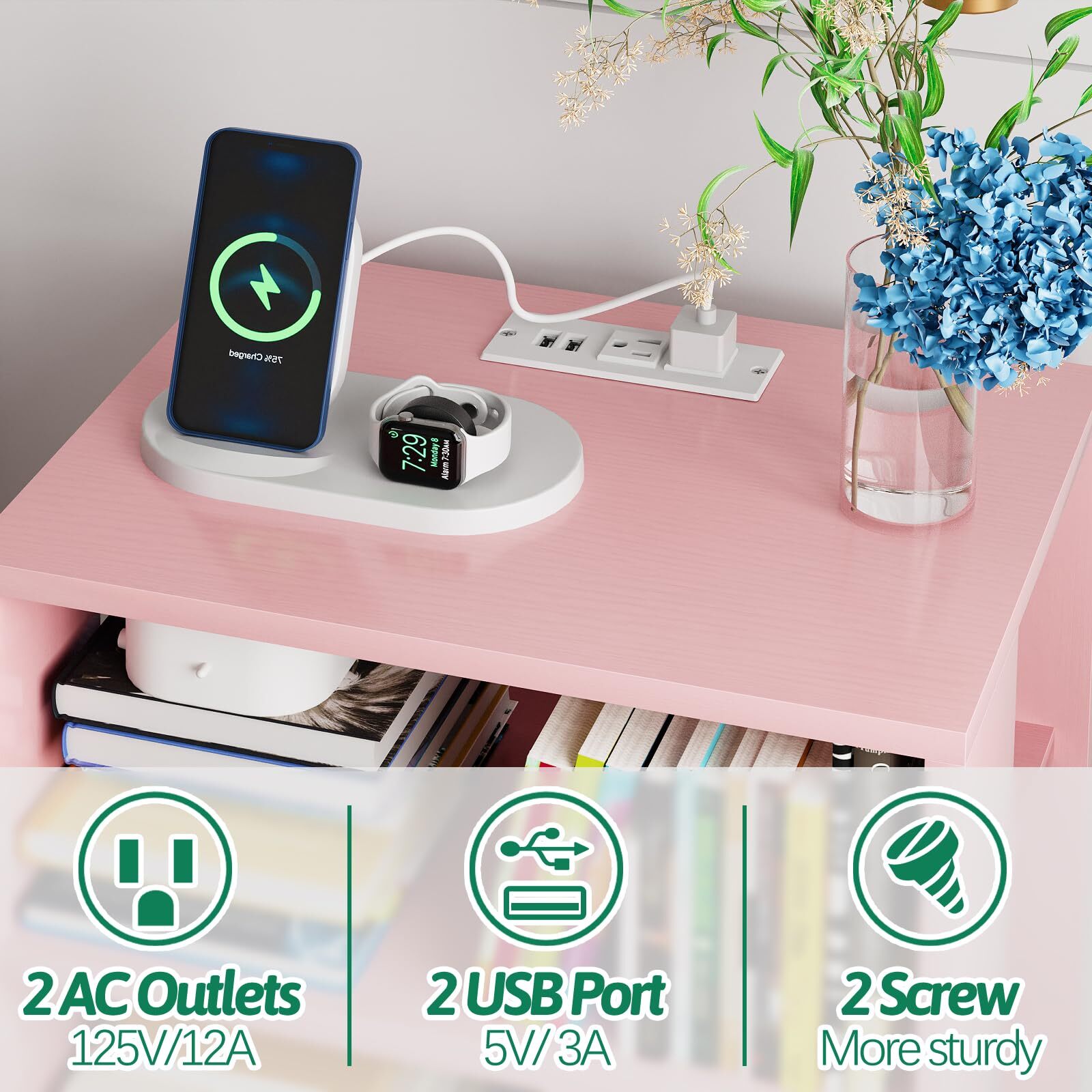 NIGHT STAND WITH CHARGING STATION PINK KIDS NIGHTSTAND WITH DRAWER 3TIER NURSERY