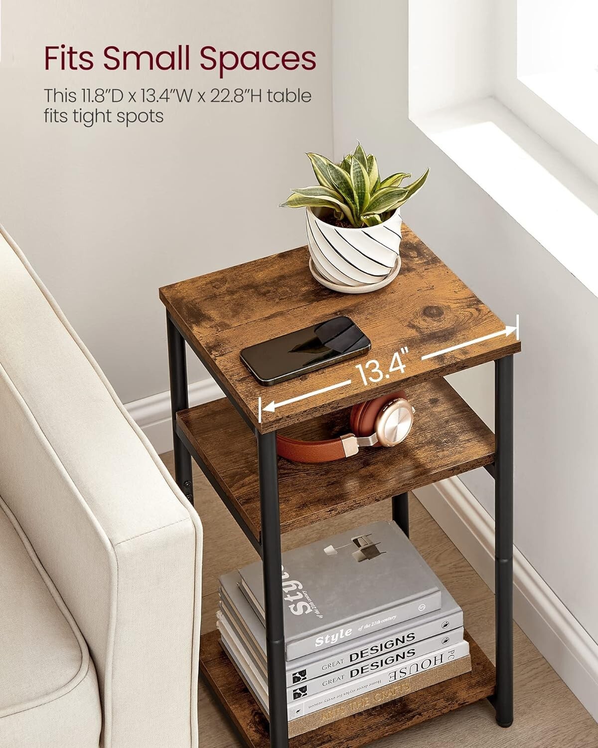 Compact 3-Shelf Side Table – Versatile Rustic Brown & Black Finish for Any Room