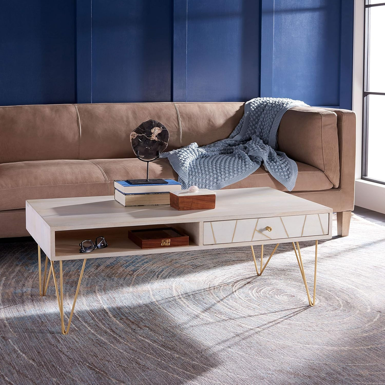 Mid-Century White Wash Coffee Table with Brass Hairpin Legs – Marigold Collectio
