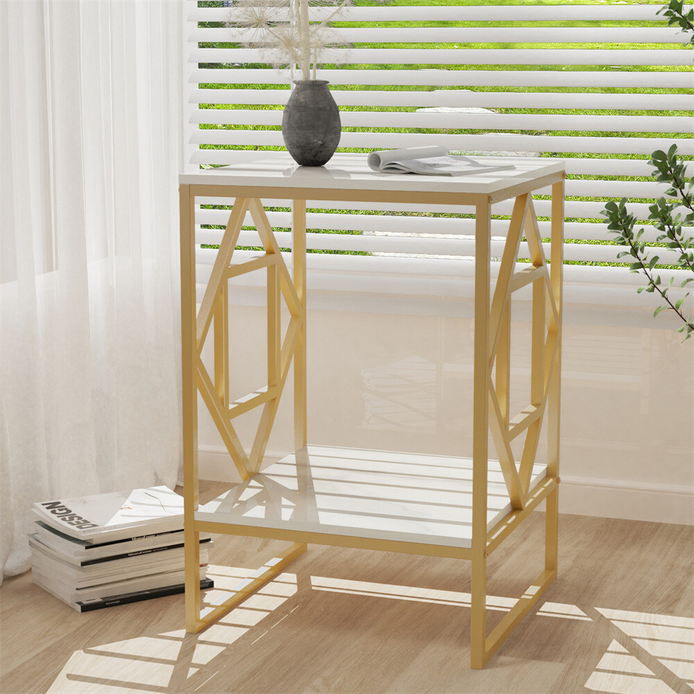 2 Tier Bed Side Accent Marble Table Living Room End Table Glossy Gold Nightstand