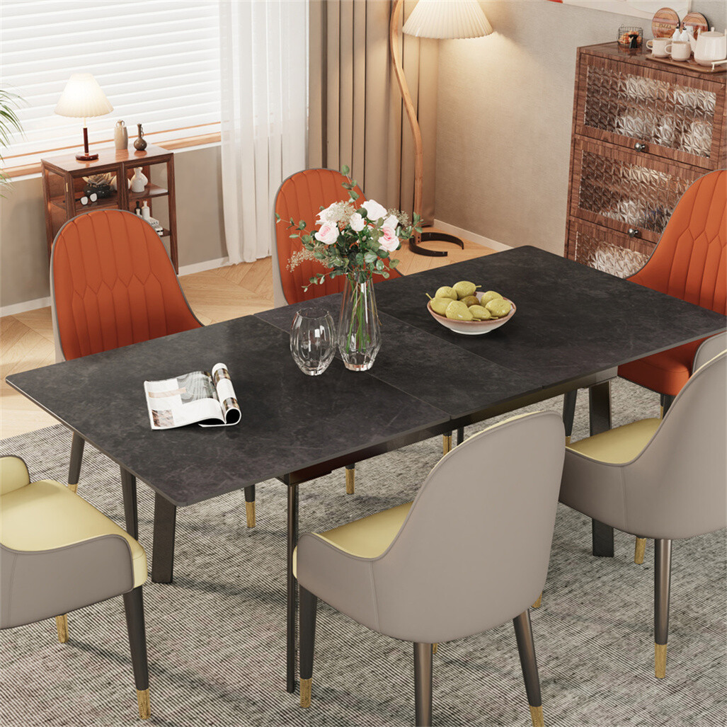 6-8Seat Extendable Dining Table Glossy Sintered Stone Marble Top Christmas Dinne