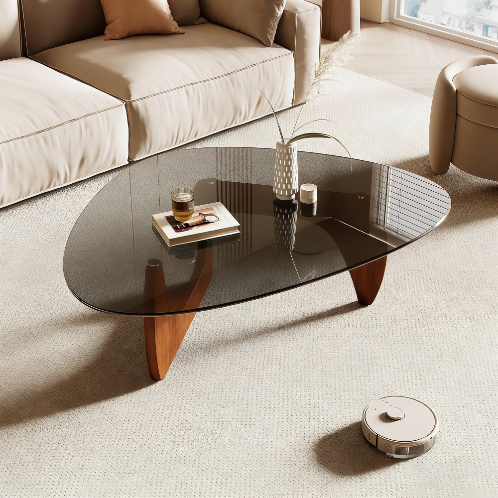 Glass Coffee Table Mid Century Modern Center Table with Glass Top Walnut Table