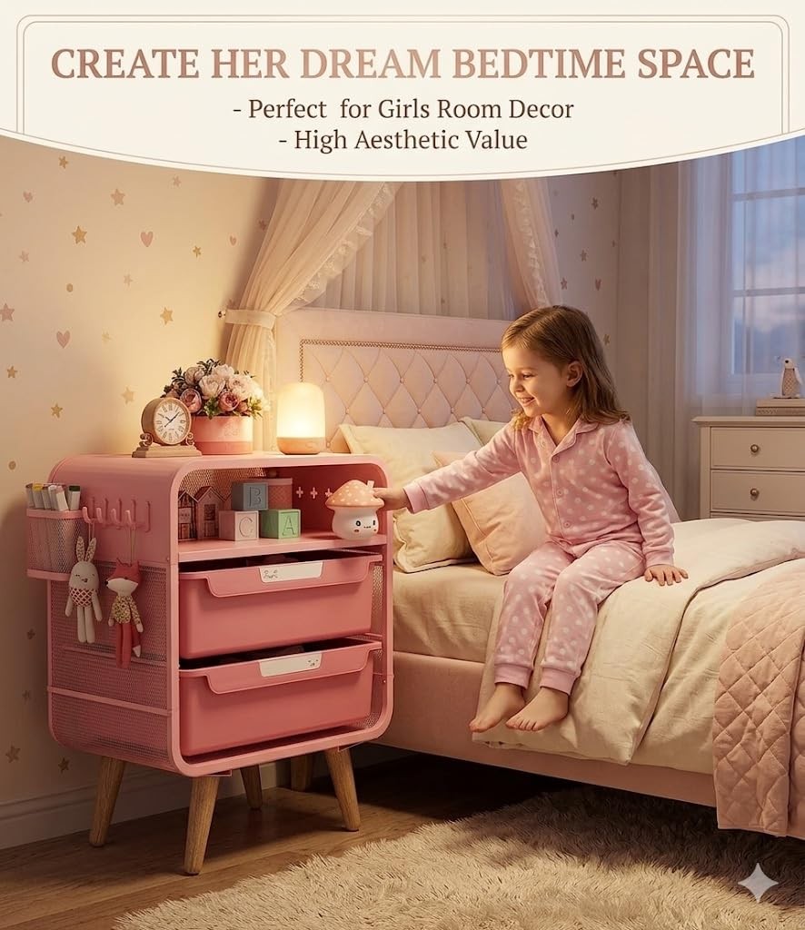 Pink Nightstand, Cute End Table with Storage Drawer, Kids Nightstand for Bedr…