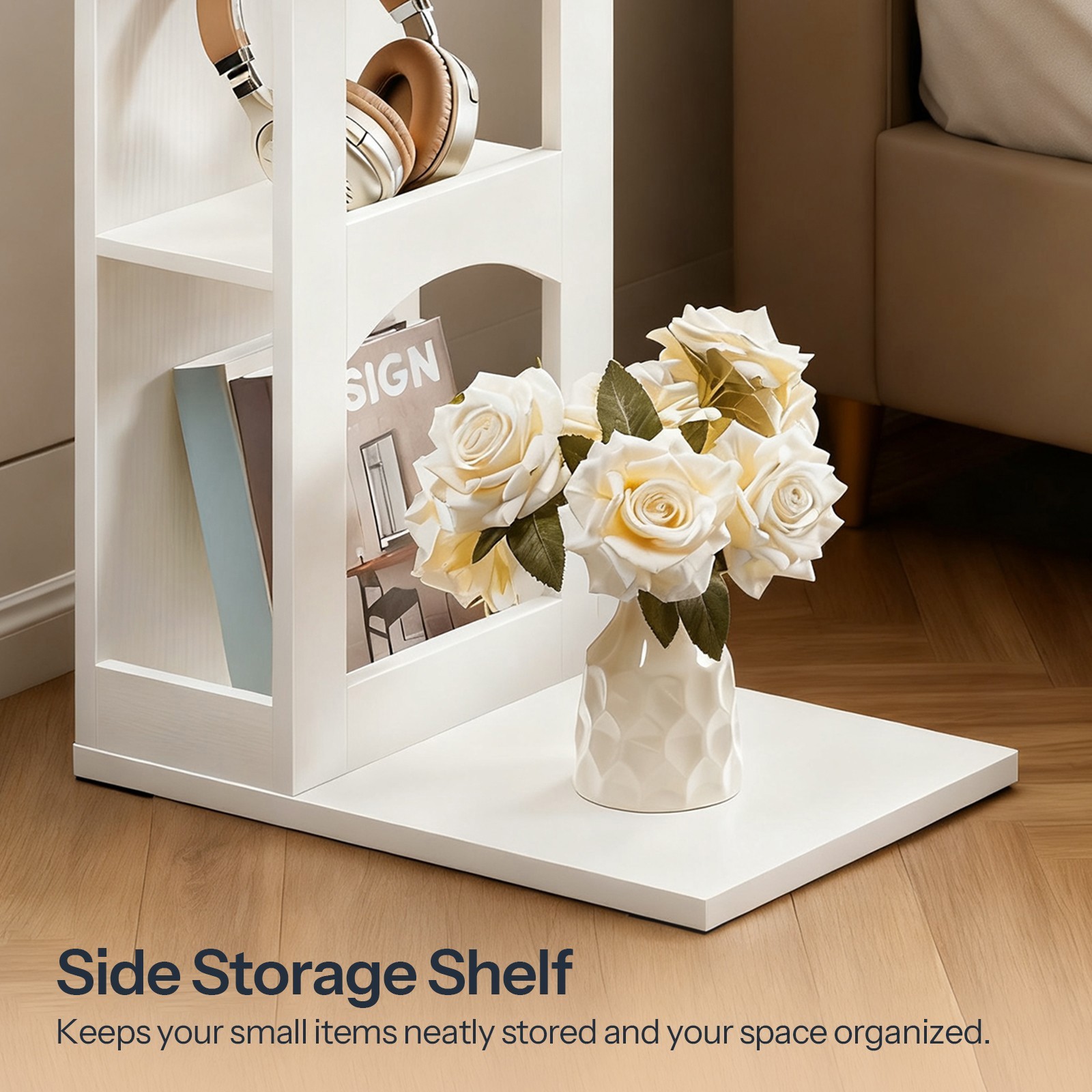 C-Shaped End Table w/ Charging Station Side Table Bedside Table White Natural