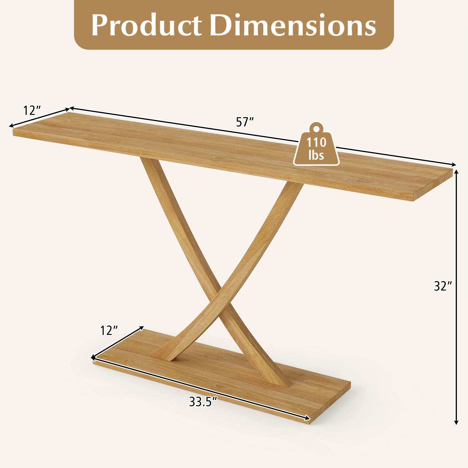 57″ Solid Wood Console Table, Narrow Farmhouse Sofa Table w/ Teak Wood Frame