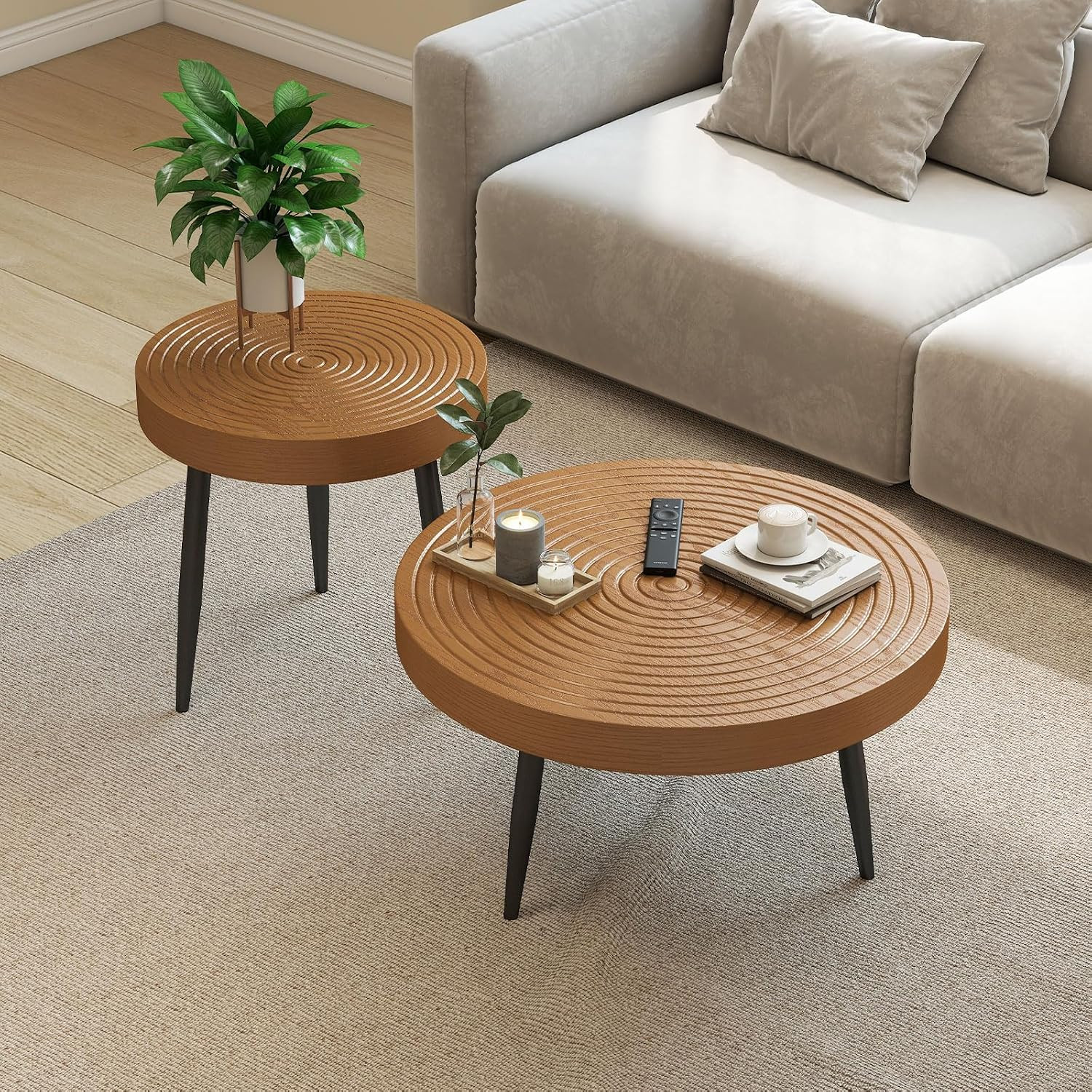 Modern Nesting Coffee Tables Set of 2, Round MDF with Metal Legs, Brown