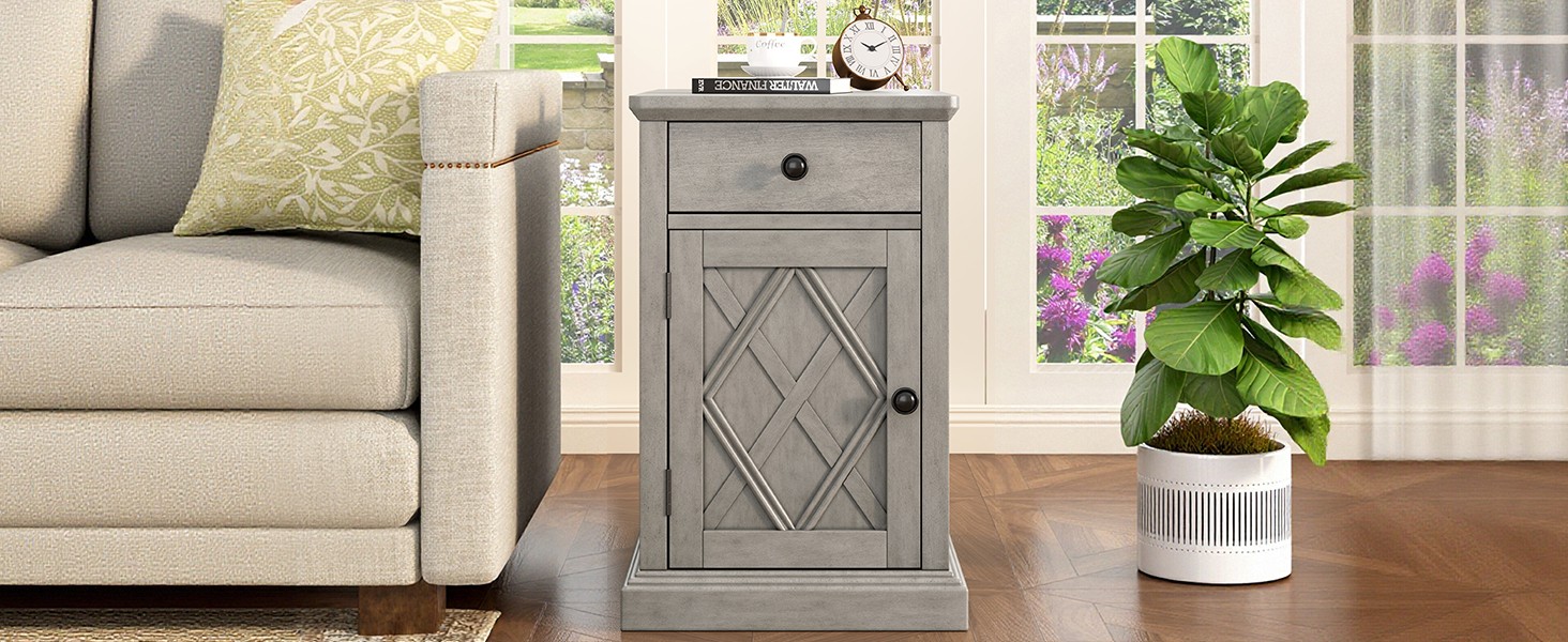 Classic Charging End Table with USB Ports & Storage Antique Gray