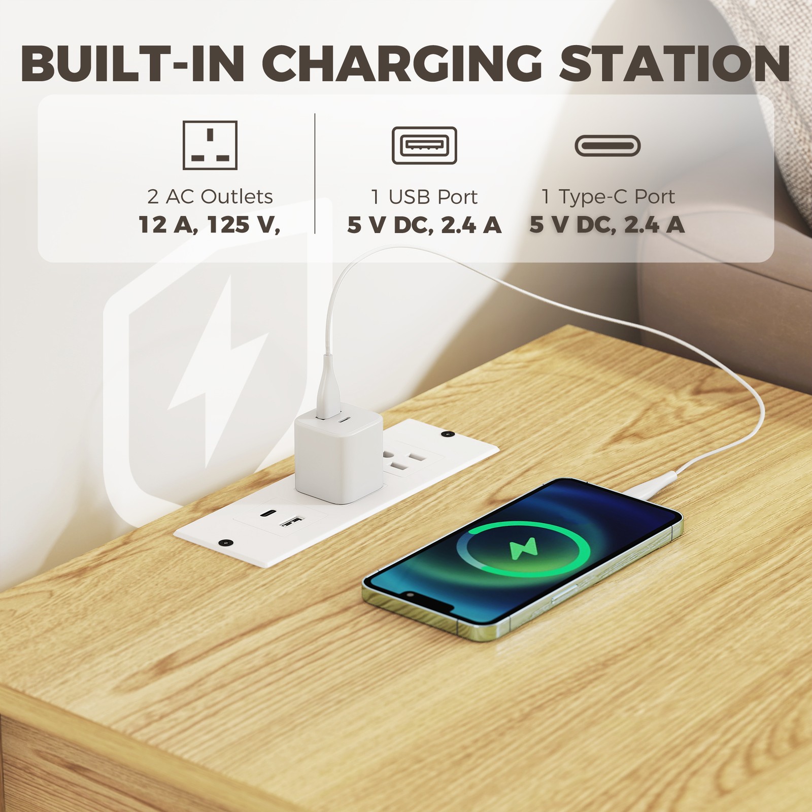 HOMCOM End Table Set of 2 with Charging Station, Bed Side Tables, Natural