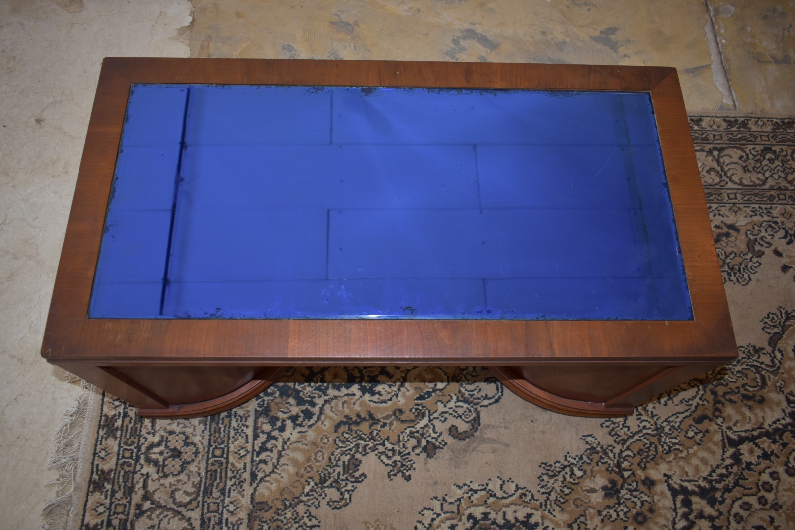 Art Deco Coffee Table Blue Tinted Glass Top Vintage Furniture