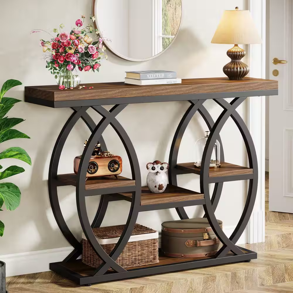 Turrella 39 In. Rustic Brown Rectangle Wood Console Table with Display Shelves,