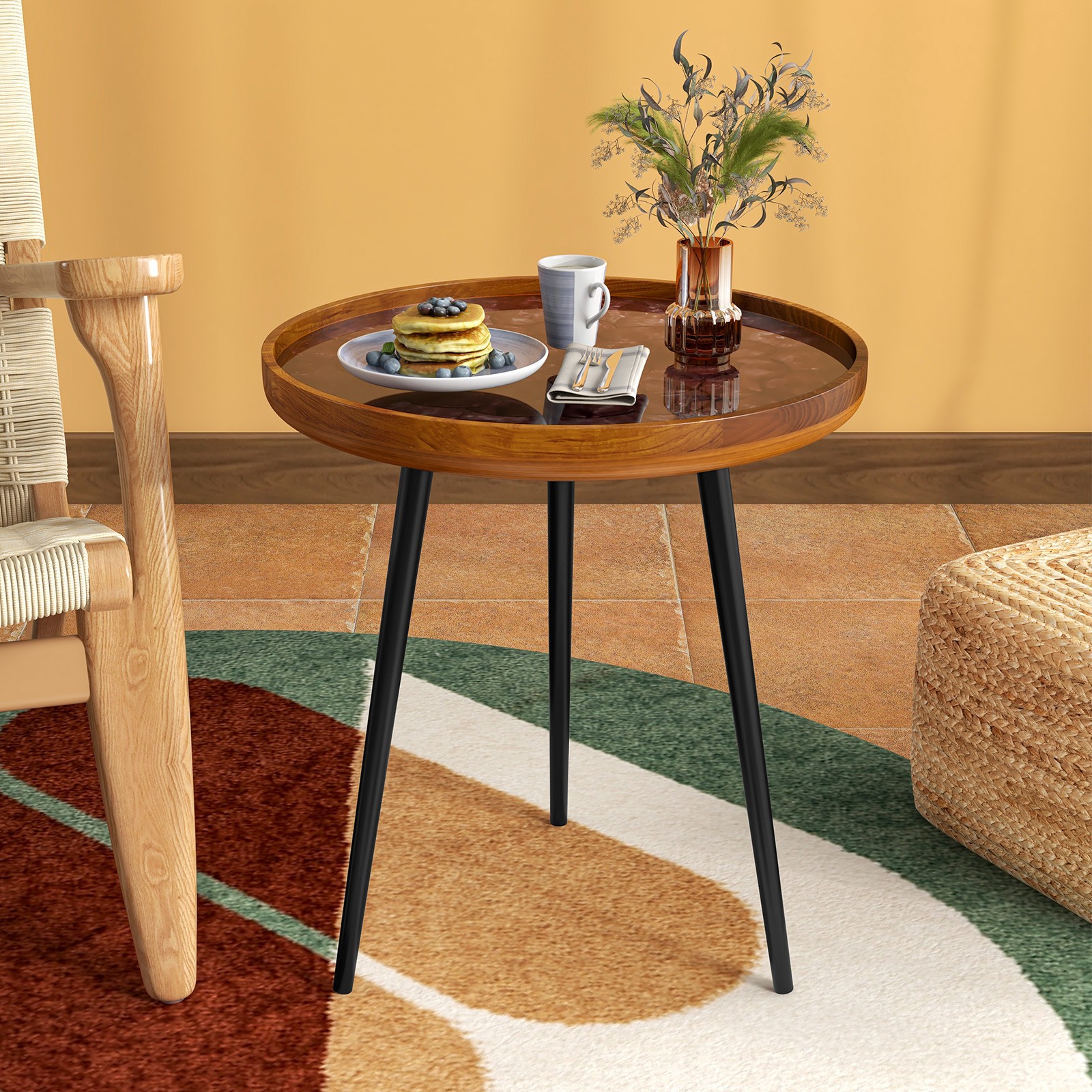 20″ Round Teak Wood End Table Solid Live Edge Outdoor Side Table w/Metal Frame