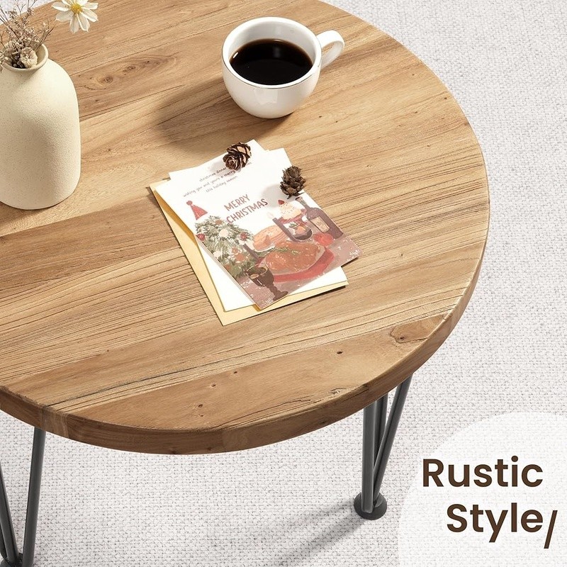 Rustic Round Coffee Table Elm Wood Nesting Table W/ Metal Legs Non Slip Base New